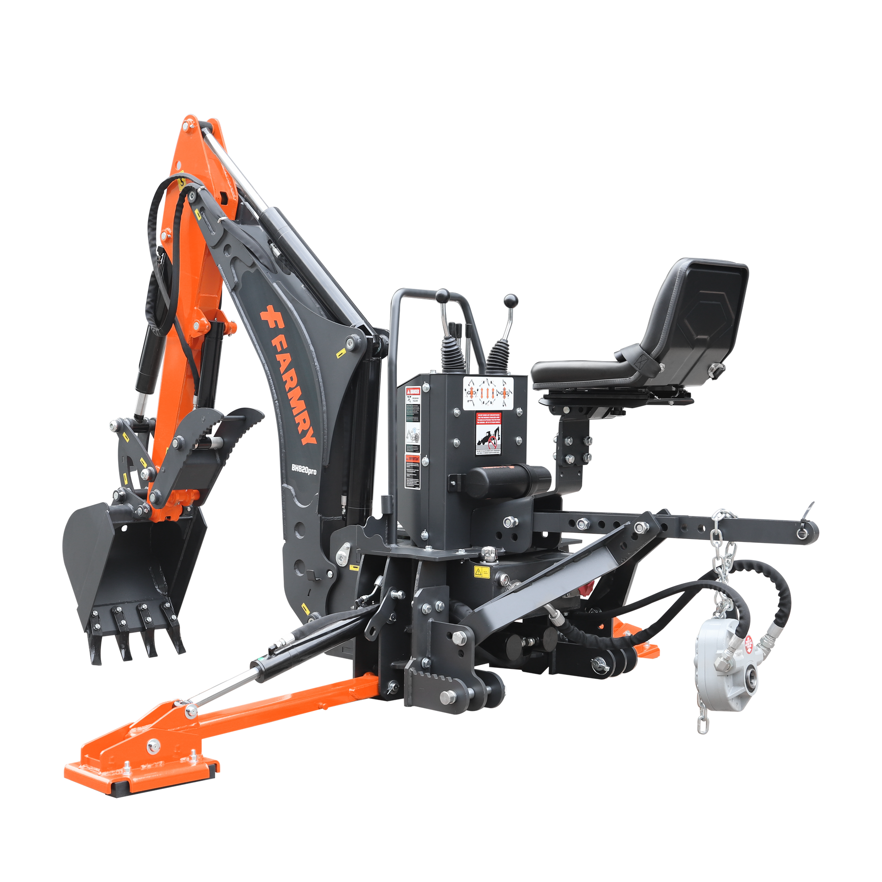 8 '2 " Tractor  Backhoe with Curved Boom, Italian Original WALVOIL Seven Way Hydraulic Control Valve, 15" Bucket, Hydraulic Grapple Thumb,  Self-Contained One-Piece Gear Pump&Hydraulic Reservoir included, for 30-65 HP, Cat 1&2 Hookup, BH820Pro