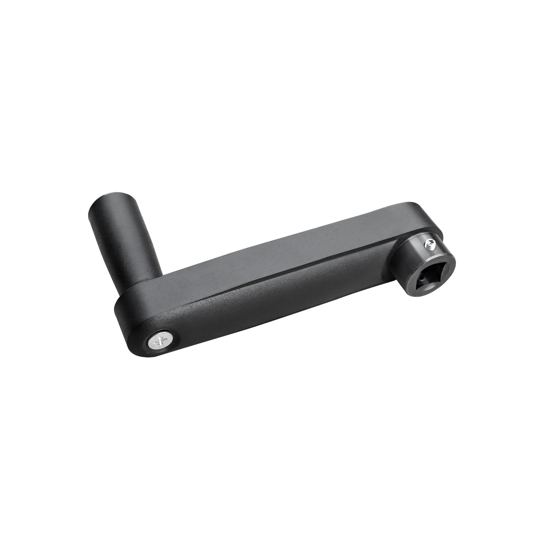 The farmry Snow Blower Hand Crank Handle is a black plastic and metal handle with a short, upright grip and square socket, designed for manual chute rotation on SSB/TSB snow blowers (SKU:104401A-104304A). 1 set/kit included.