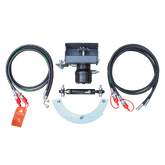 The farmry Complete Hydraulic Chute Rotator & Deflector Kit for TSB48/60/72/84 (104301A/104302A/104303A/104304A) includes two black hoses, a central metal valve, a curved bracket, and an orange safety tag, displayed on white.