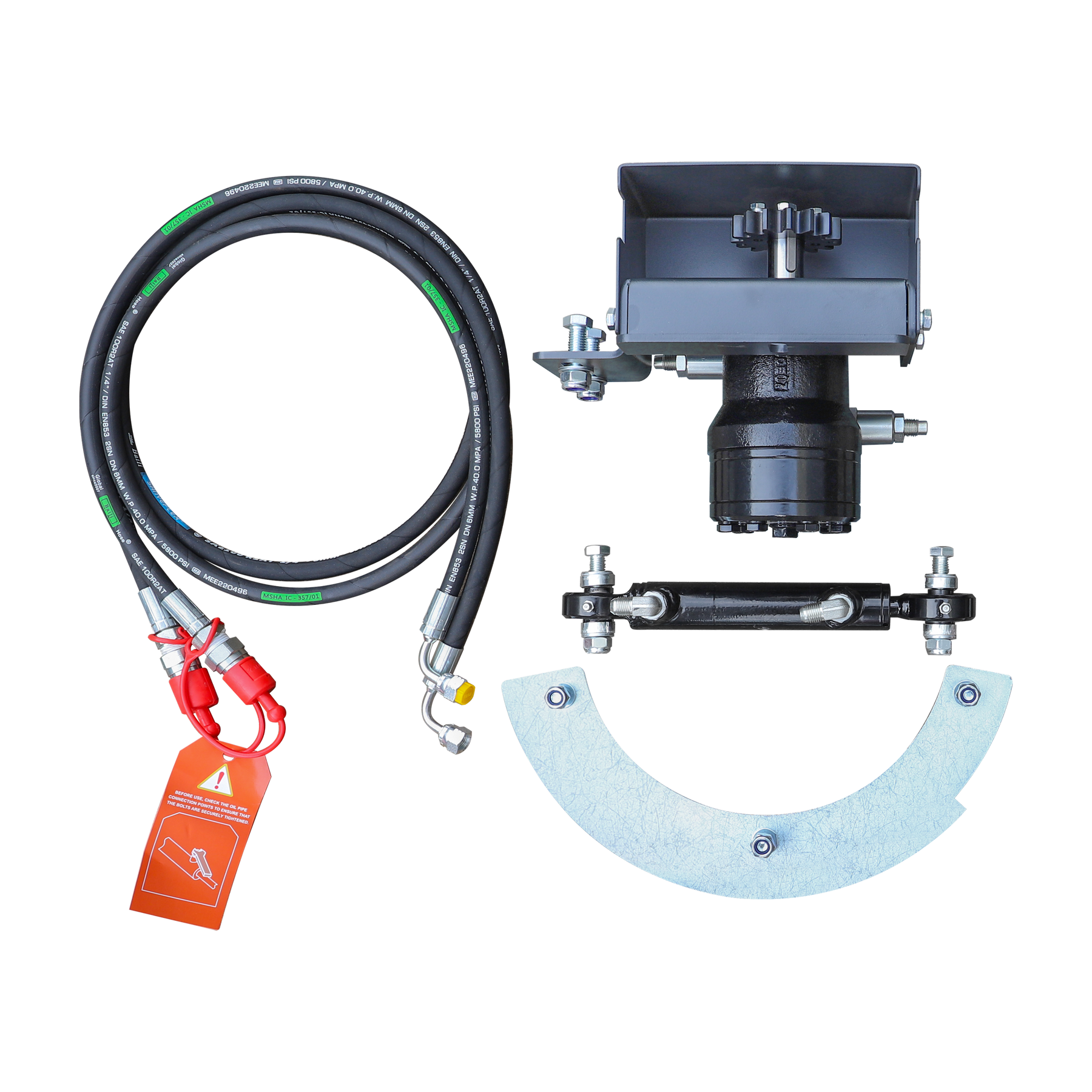 The farmry Hydraulic Chute Rotator Kit for TSB48/TSB60/TSB72/TSB84 (104301A/104302A/104303A/104304A) features a black hose, metal connectors, red warning tag, gray bracket, black cylinder, and curved metal plate on a white background.