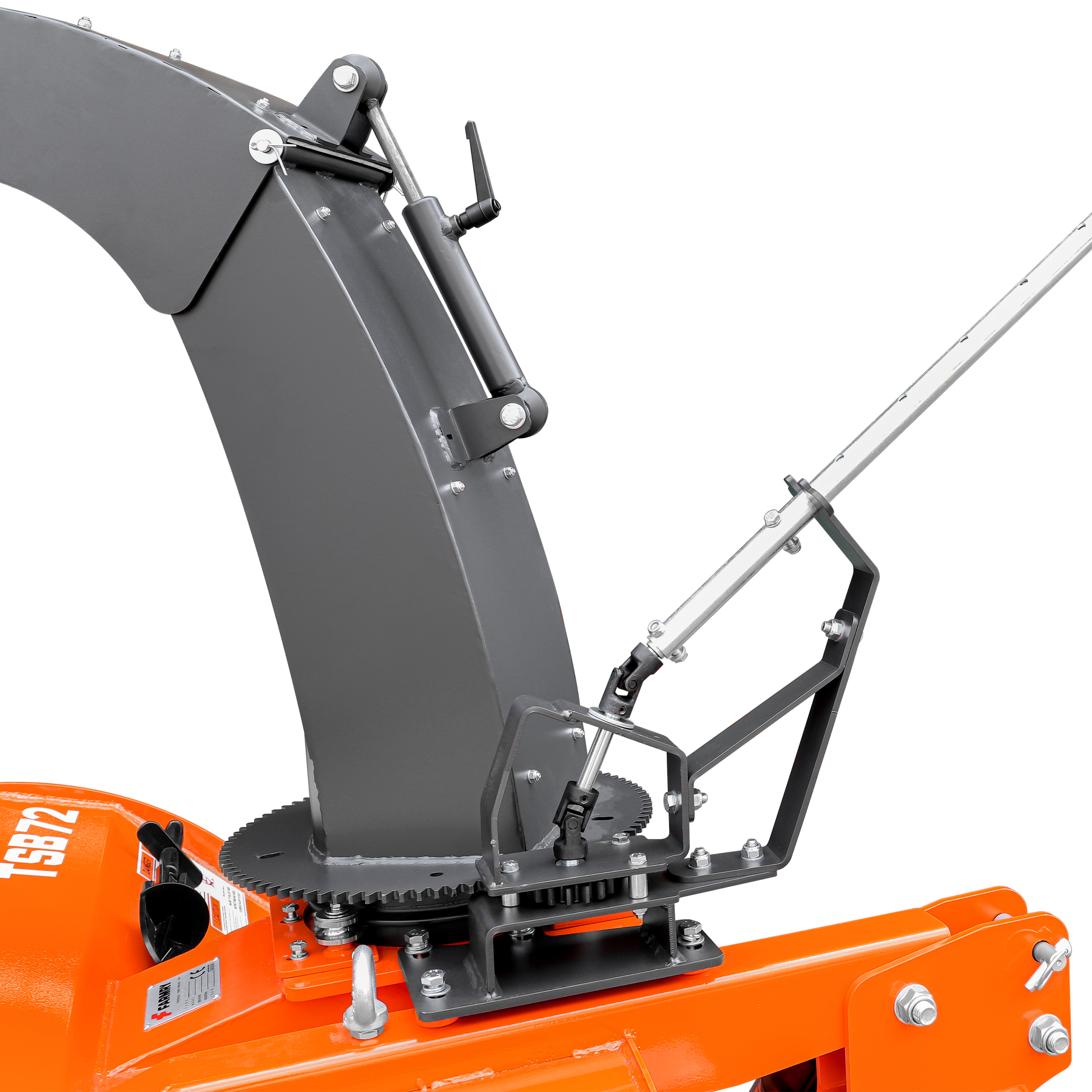 Close-up of the manual 360° chute rotation mechanism with gears and levers on the Farmry 72” 3 Point Hitch Snow Blower (TSB72) for 25-65HP tractors, featuring a 24” impeller, CAT 1&2 compatibility, and PTO shaft with clutch, against a white background.