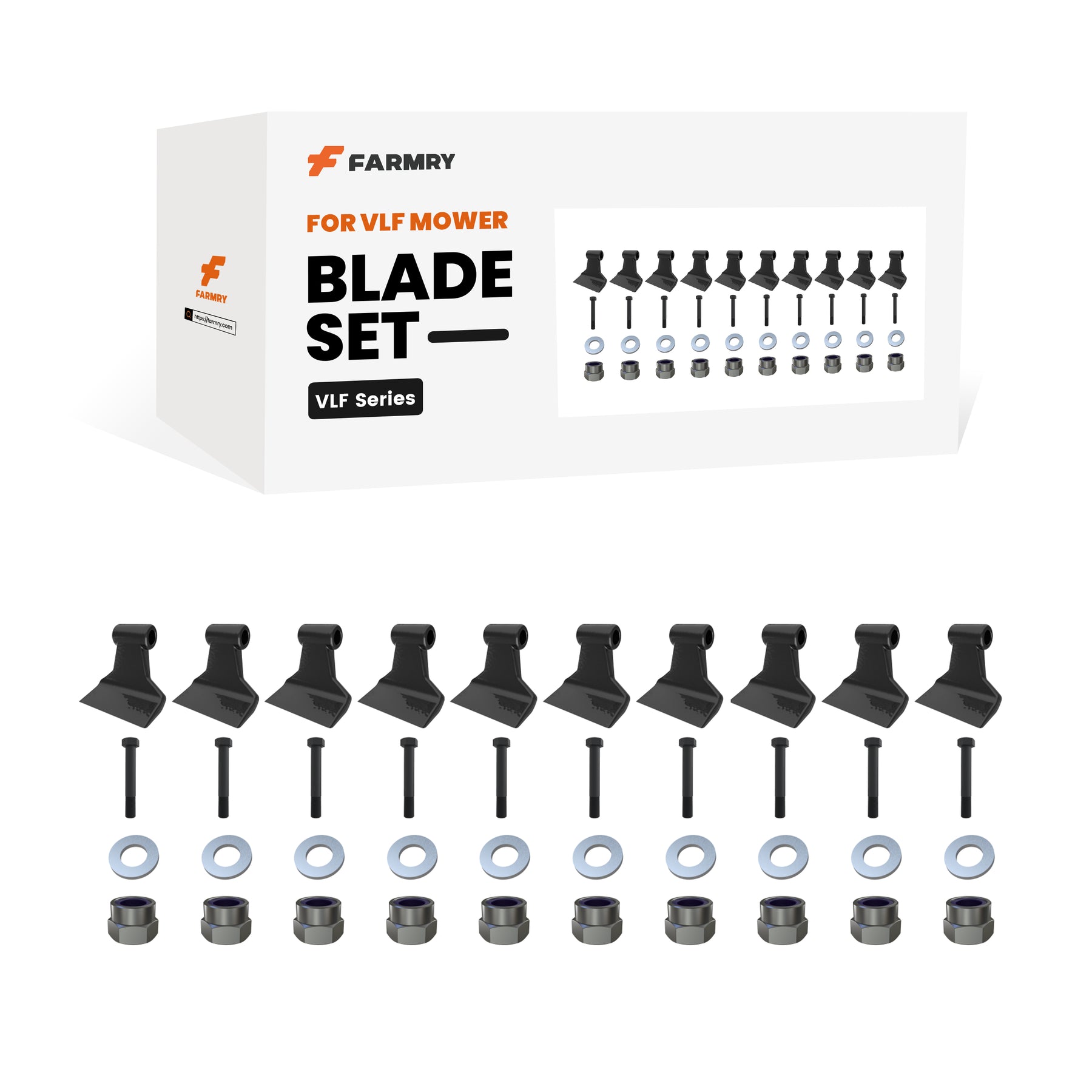 A Farmry 🎁 (1 Pack/10 Pcs of hammers)Blade Set for VLF Mower (100% off) is displayed in a white branded box with black mower blades, bolts, washers, and nuts—ideal for Buy X Get Y deals using the BOGOS app.