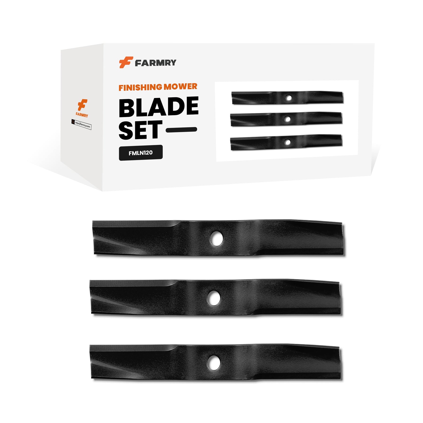 A Farmry box labeled "(1 Pack/3 Pcs) Blade Set for FM120LN Finishing Mower (100% off)" sits beside three matching black mower blades—ideal for Buy X Get Y or BOGOS promotions.