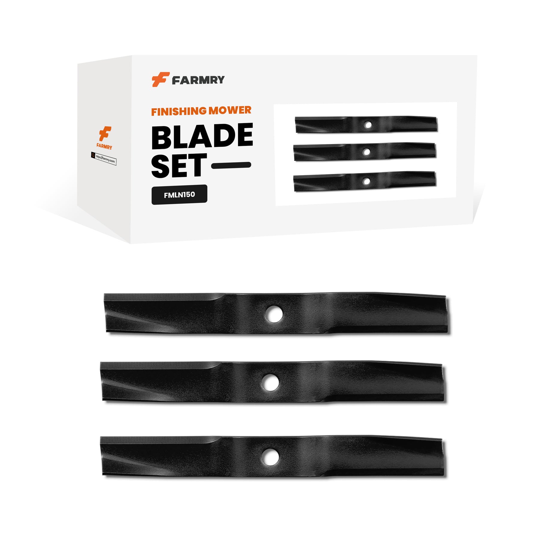 A box labeled Farmry (1 Pack/3 Pcs) Blade Set for FM150LN Finishing Mower is shown, with three black metal mower blades displayed in front and an illustration of the blades on the packaging.