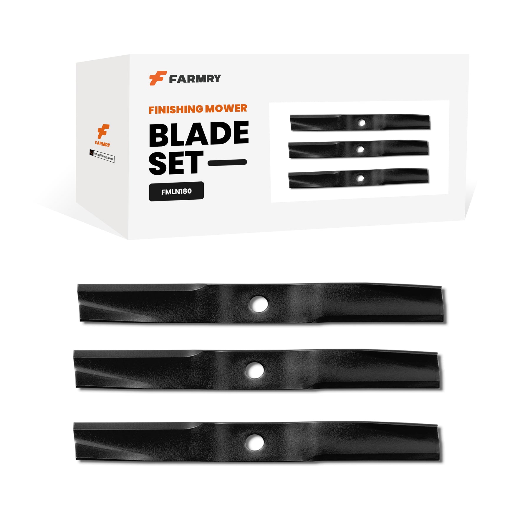 A white box labeled Farmry (1 Pack/3 Pcs) Blade Set for FM180LN Finishing Mower with three black blades in front and an image of the blades on the packaging.