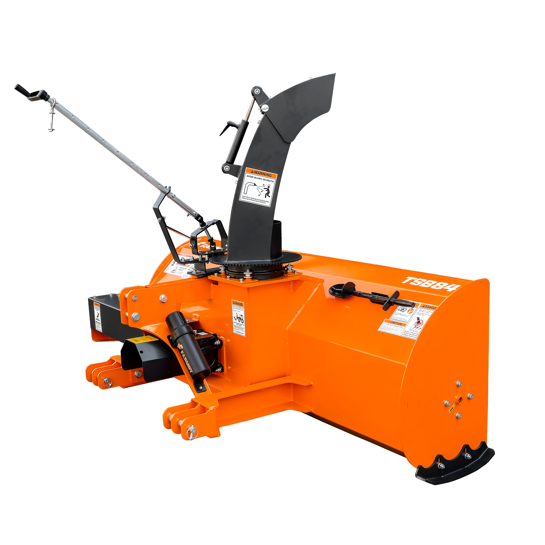 Farmry 84" TSB84 3 Point Hitch Snow Blower for 30-100HP tractors, CAT 1&2, with 24” impeller, manual 360° chute, snow shovel for JAM clearance, and PTO shaft with clutch, shown against a plain white background.