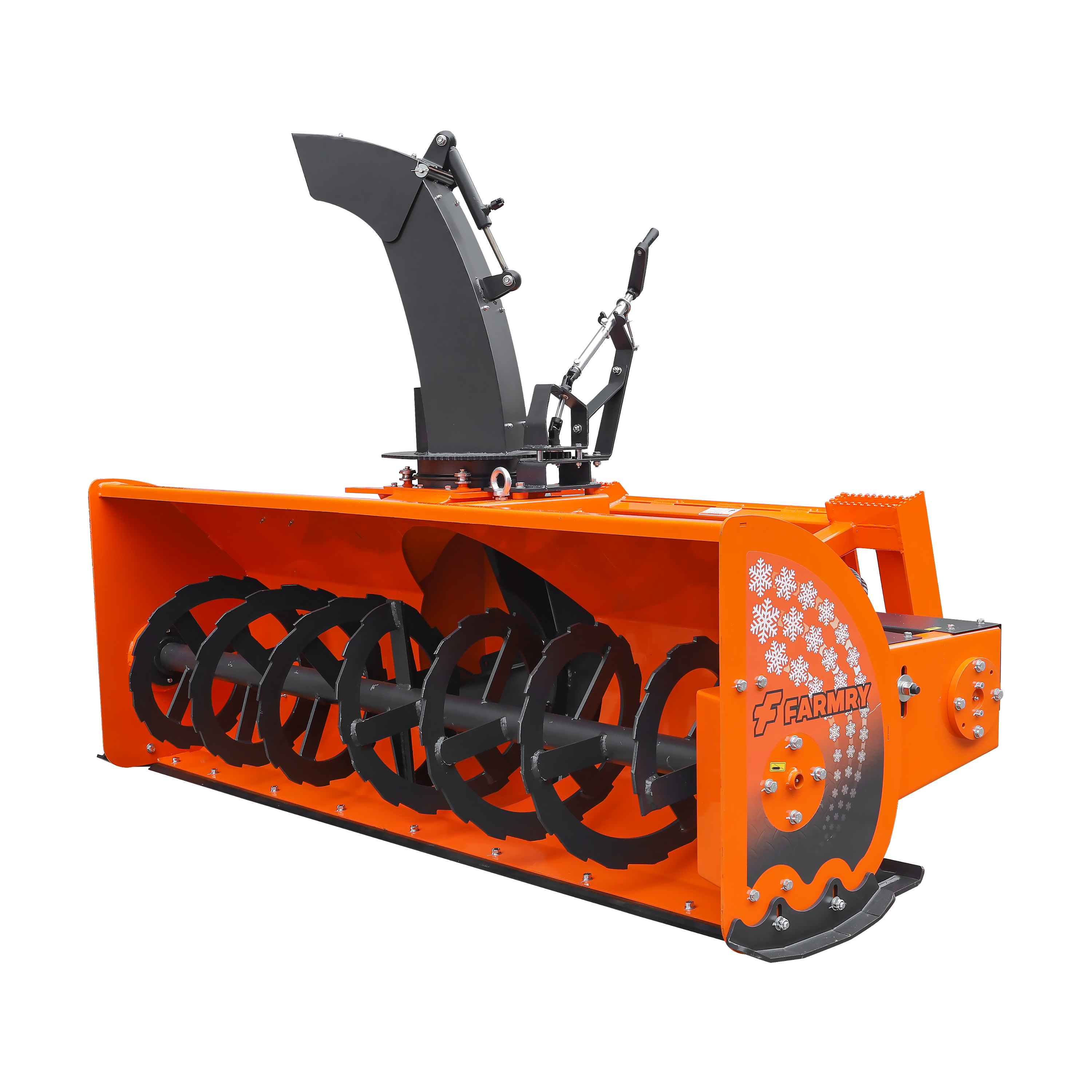 The Farmry 84” Skid Steer Snow Blower (SSB84) fits 50-100 HP loaders, needs 16-21 GPM hydraulic flow, has a 24
