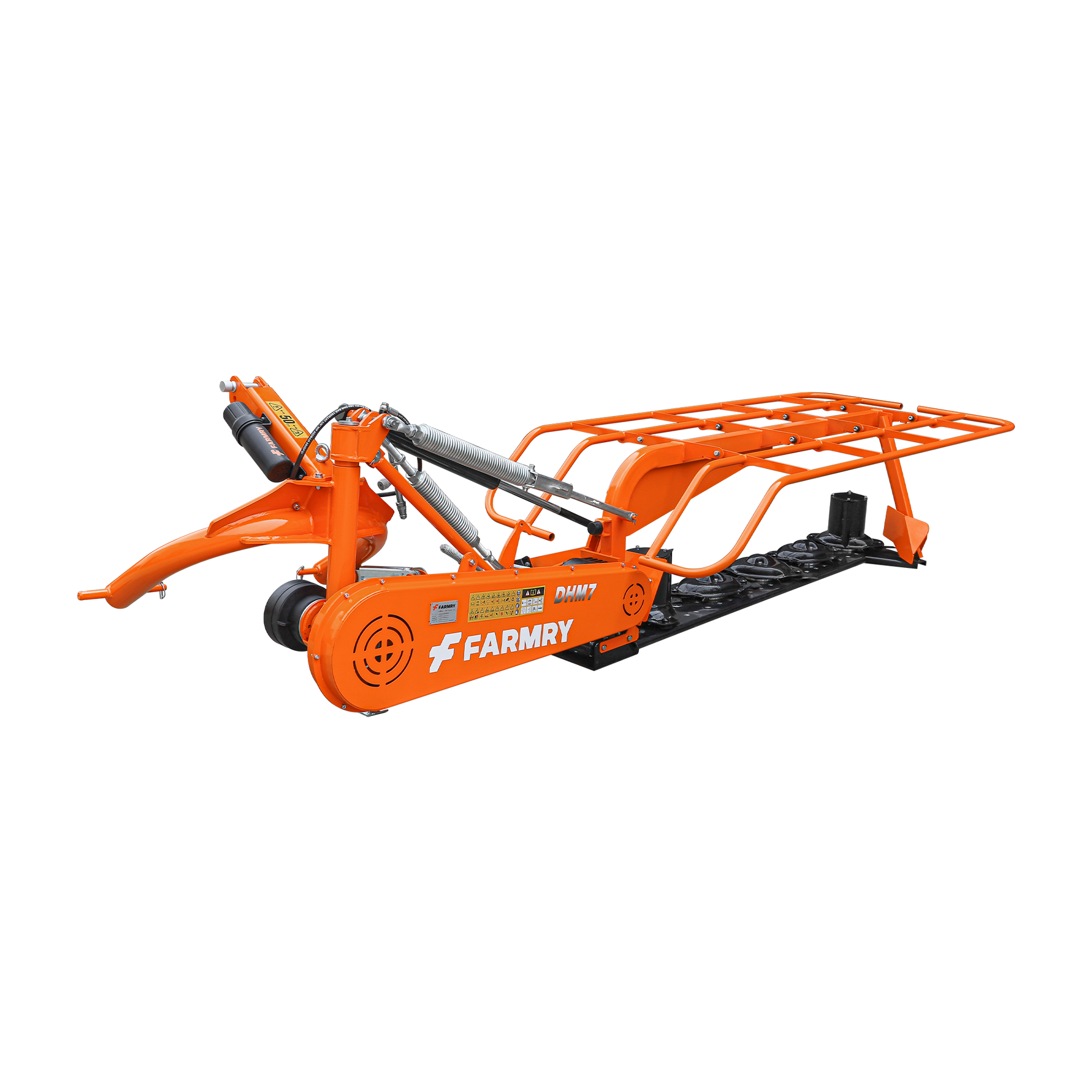 Bright orange Farmry DHM7 3 Point 81" Disc Mower, with 5 discs, PTO powered for 35–80HP Category 1 & 2 tractors, features metal frame, chains, hydraulic cylinders, and low-profile design, set against a plain white background.