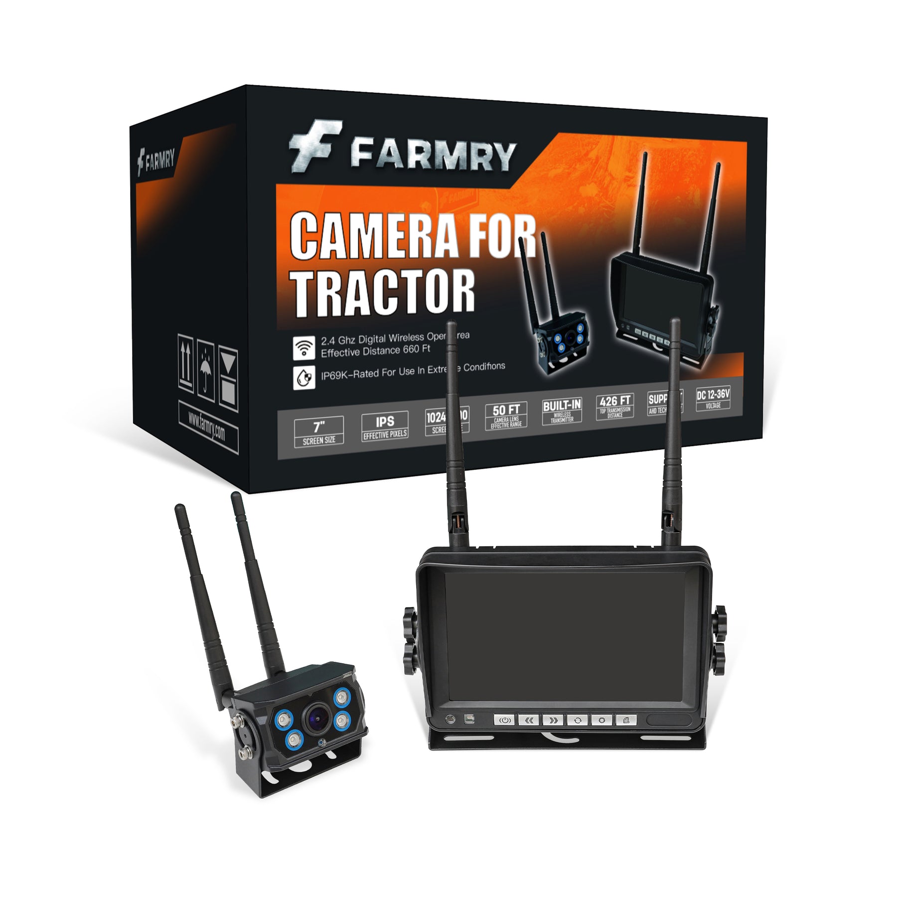 A Farmry 1080P Backup Camera for Stump Grinders is shown, featuring a monitor and camera with antennas before a branded box highlighting wireless connection, IPS display, and night vision for enhanced visibility and safety.