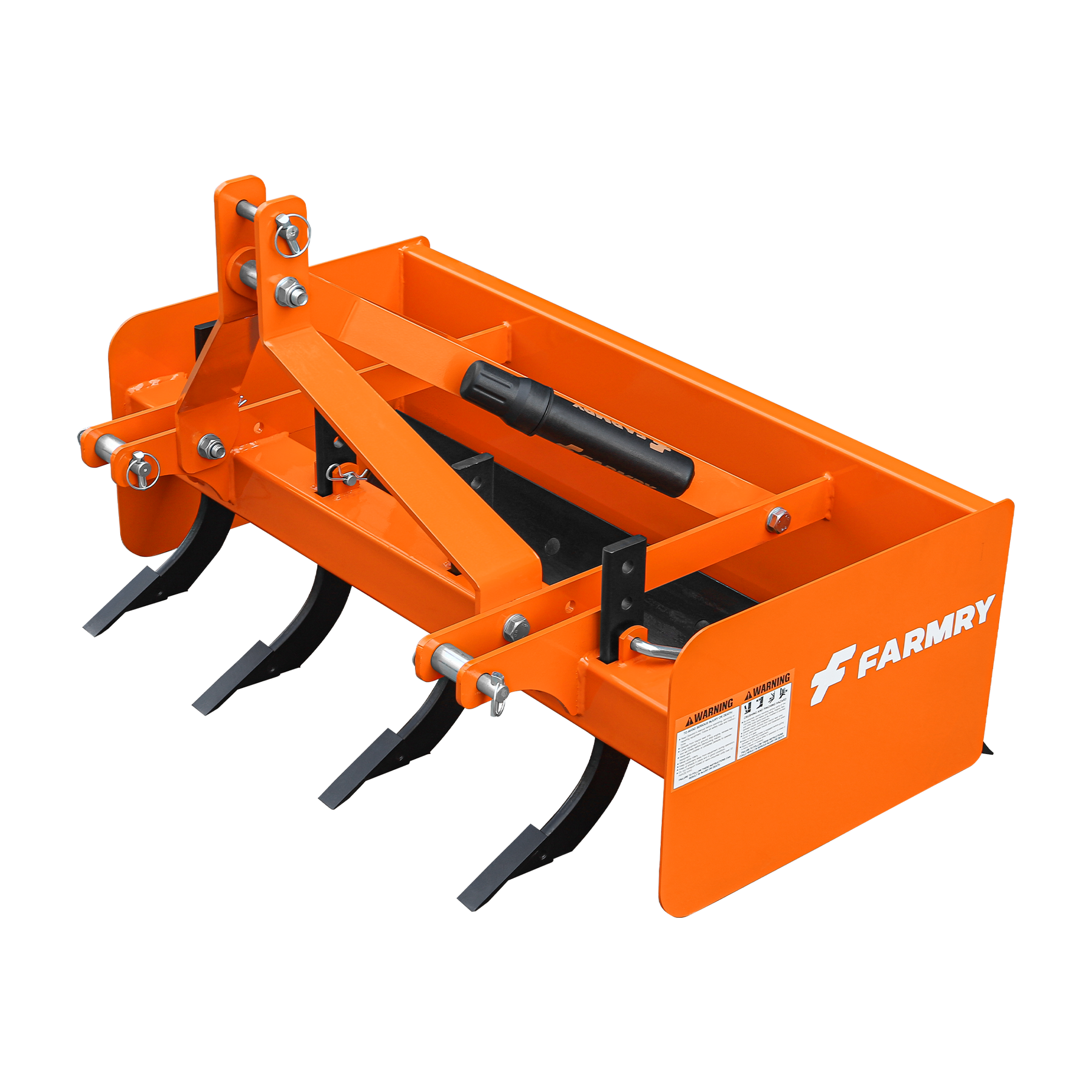The Farmry BS2048 Box Scraper is a bright orange farm tool with three black tines and side plates, branded "FARMRY" and designed for CAT 1 quick hitch tractors. It appears clean and is shown on a plain white background.