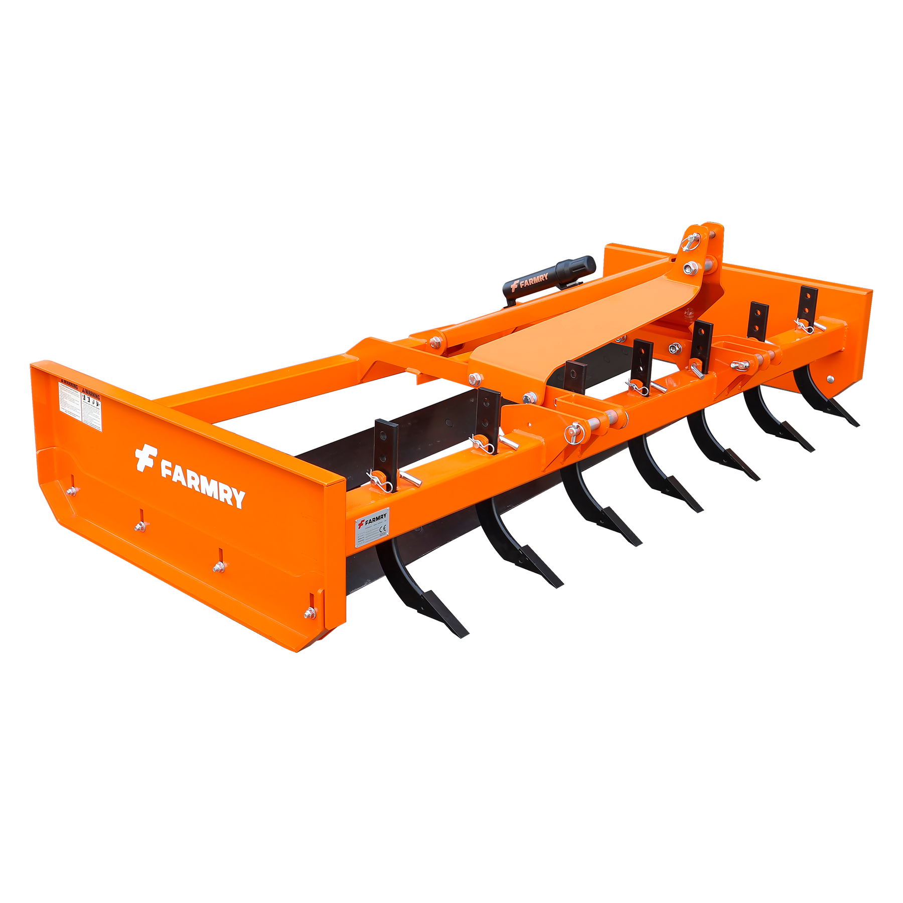 The Farmry GS4096 Grading Scraper is a bright orange metal tractor attachment with a rectangular frame and multiple black shovel tooth tines beneath, designed for soil preparation, shown on a white background.