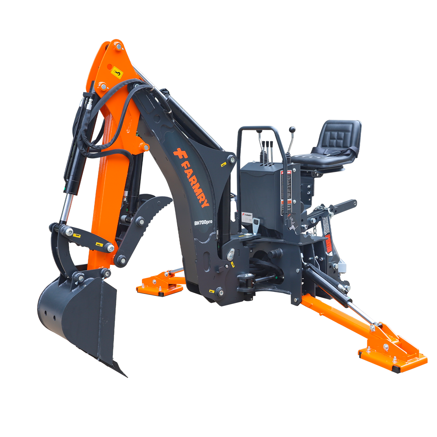 A compact orange and black Farmry BH700Pro 7' tractor backhoe with curved boom, Italian WALVOIL 7-way hydraulic control valve, 12" bucket, hydraulic grapple thumb, self-contained pump & reservoir for 25-45 HP Cat 1&2 tractors. Shown on white.