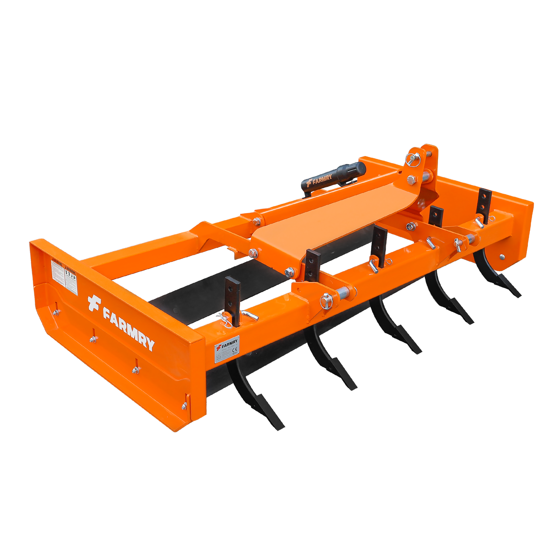 The Farmry GS3072 Grading Scraper is a 71-inch orange metal box blade with black ripper shanks, CAT.1 quick-hitch compatible, designed for tractor grading and leveling.