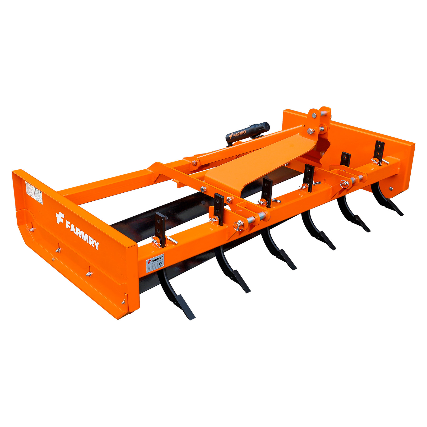 The Farmry GS4084 Tractor Grading Scraper, in orange, features steel tines, adjustable parts, scrapers, and skid shoes for effective soil leveling and tilling.