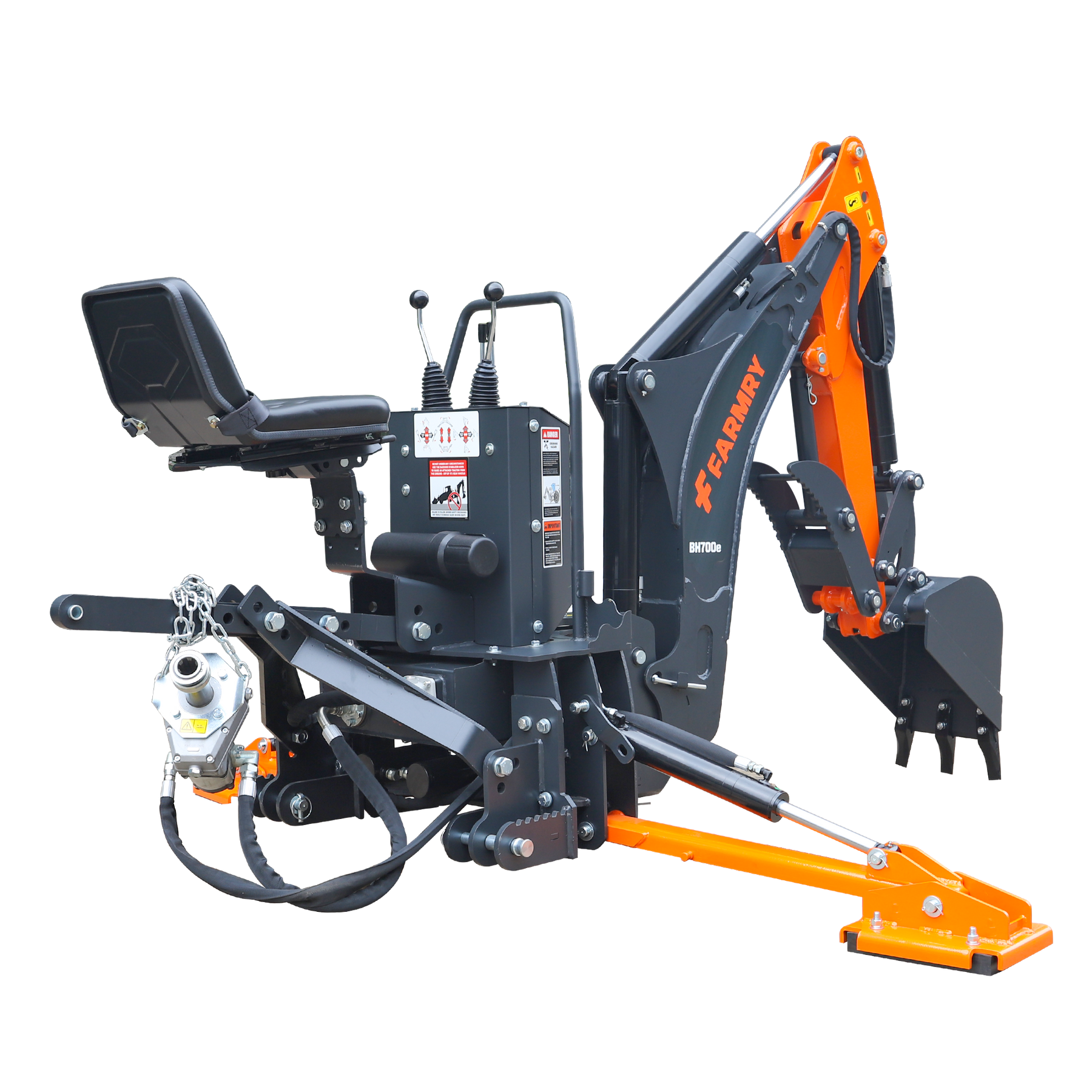 A compact orange and black Farmry BH700e 7' tractor backhoe attachment with a curved boom, 12" bucket, mechanical grapple thumb, and self-contained hydraulics for 25-45 HP tractors, Cat 1&2 hookup. Shown against a plain white background.