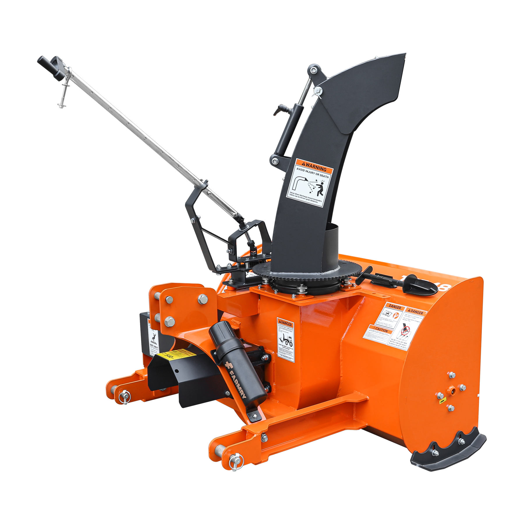 The Farmry TSB48 is a 48” 3 Point Hitch Snow Blower with a 20” impeller and manual 360° chute, designed for 15-35HP tractors with CAT 1 hitch; includes PTO shaft with clutch and shovel for JAM clearance.