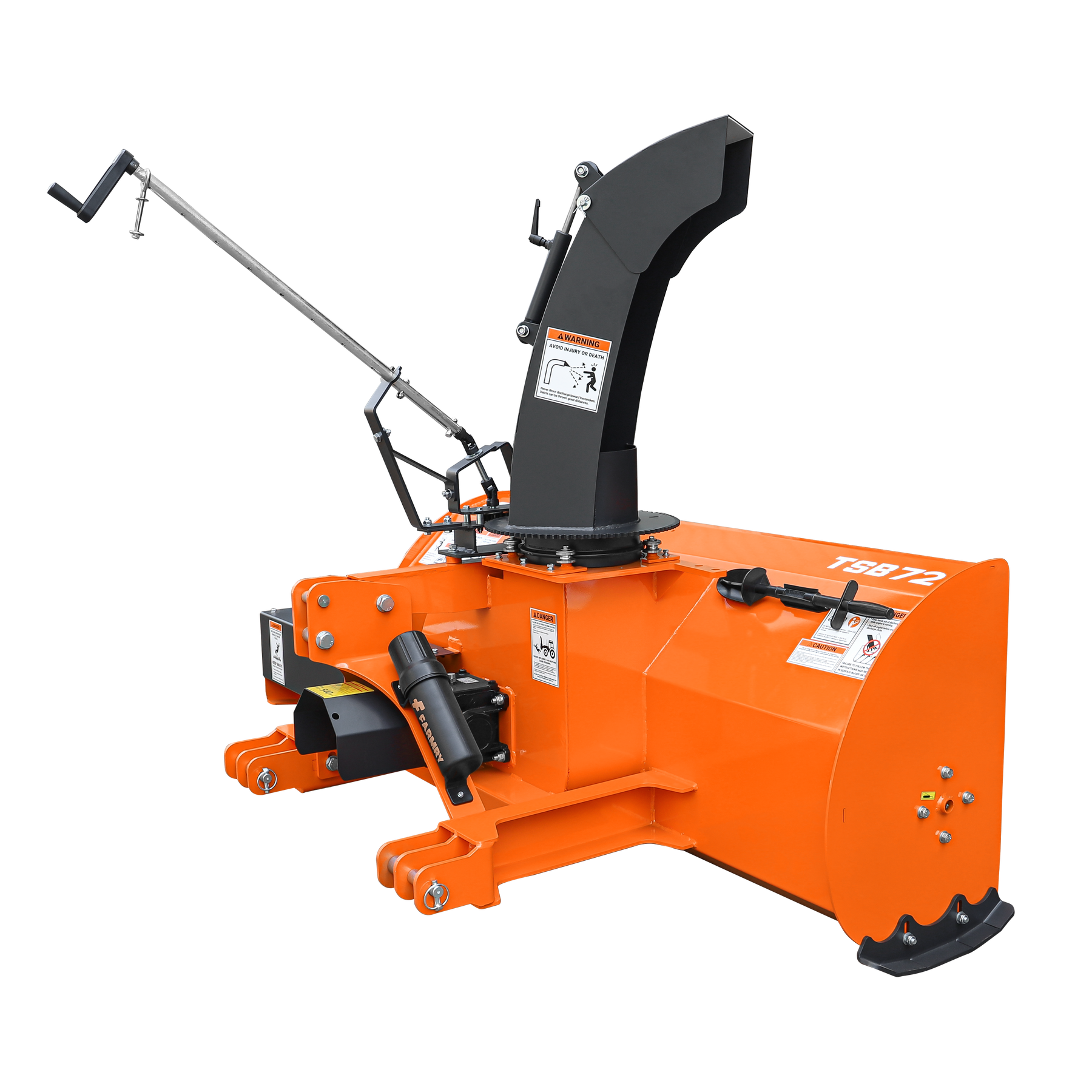 The Farmry 72” 3 Point Hitch Snow Blower (TSB72) fits 25-65HP CAT 1&2 tractors, features a 24” impeller, manual 360° chute, snow shovel for jam clearance, and includes a PTO shaft with clutch.