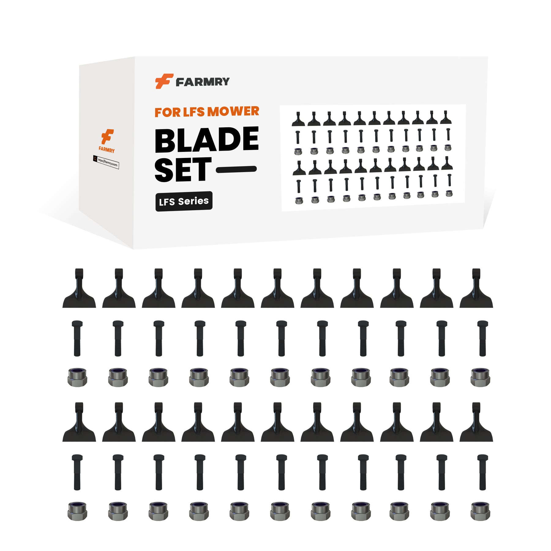 A box labeled Farmry Blade Set for LFS MOWER (1 Pack/22 Pcs of hammers) with 22 mower blades and matching fasteners neatly arranged in rows in front of the box.