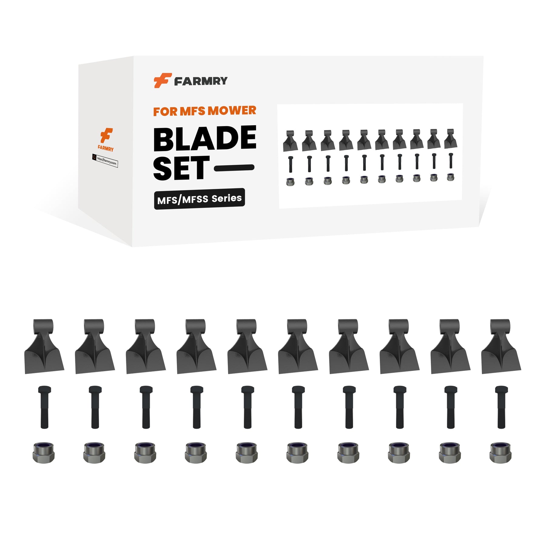 The Farmry (1Pack/10Pcs) MFS Flail Mower Hammer Blades set includes 10 premium-grade blades with bolts and nuts, neatly arranged below a branded box featuring illustrations of the contents.