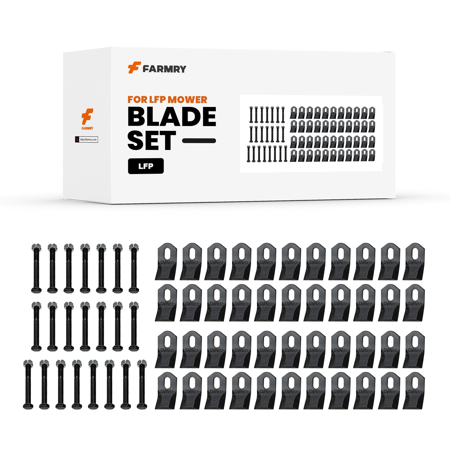 A boxed Farmry (1Pack/22Pcs) LFP Y Blades for Flail Mowers set is displayed, with bolts and blade attachments neatly in front. The box shows bold branding and an image of the heavy-duty cutting blades.