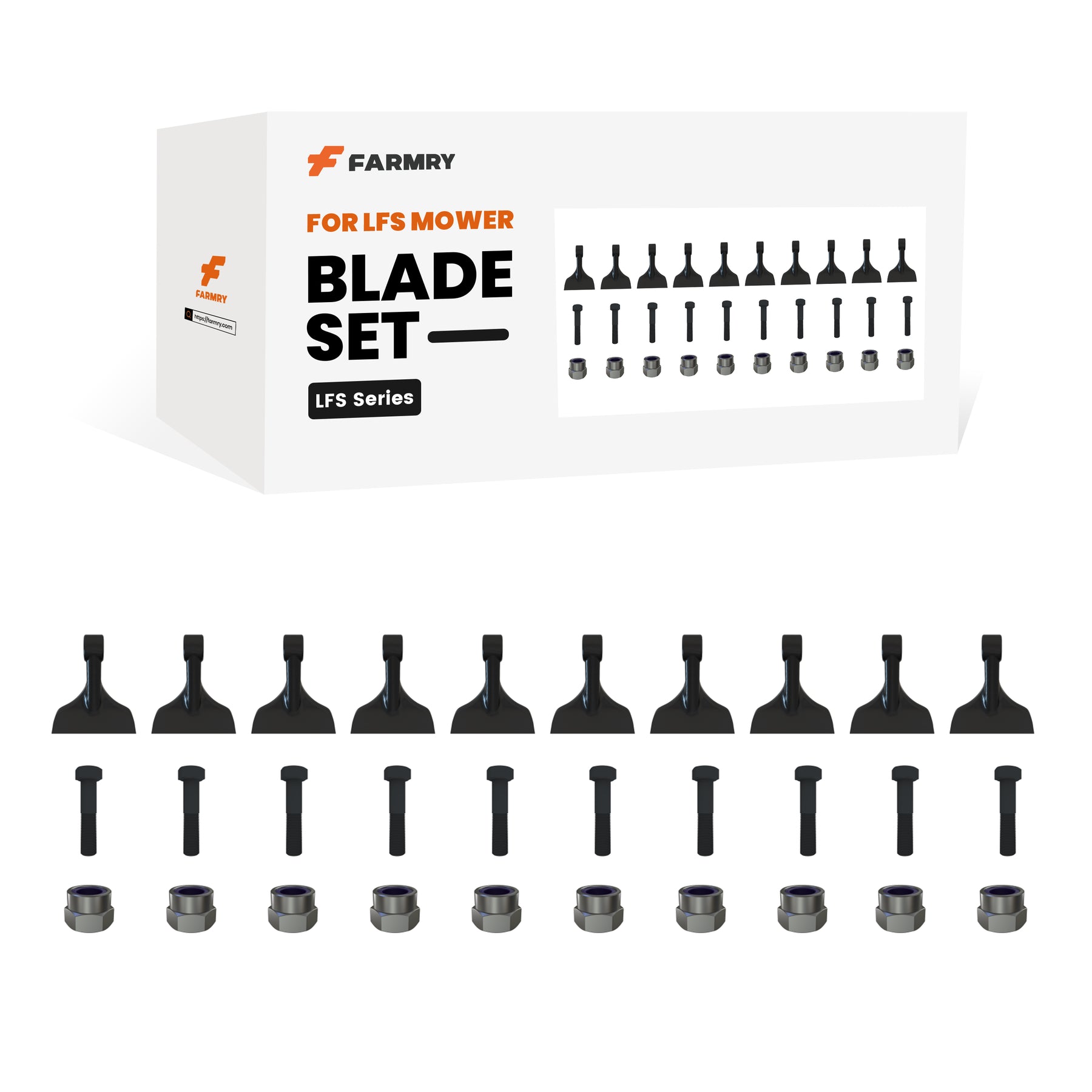 A box labeled "Farmry (1Pack/10Pcs) LFS Hammer Blades for Flail Mowers – Rugged Design for Tough Jobs" is displayed above 8 mower blades, 8 bolts, and 8 nuts arranged in a row.