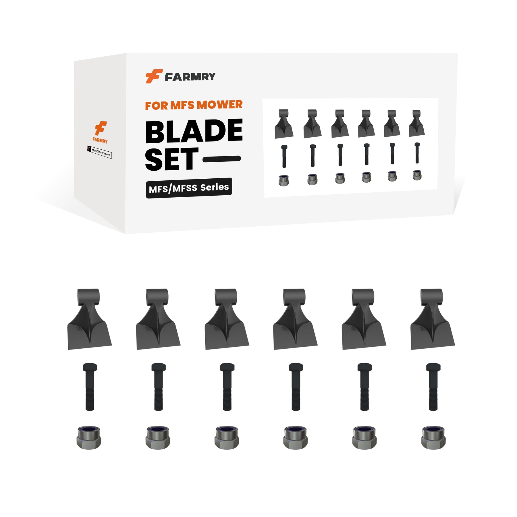 Farmry 🎁 (1 Pack/6 Pcs of hammers) Blade Set for MFS Mower (100% off). Includes six replacement blades, screws, and nuts, packed in a labeled white box. Free gift offer available.