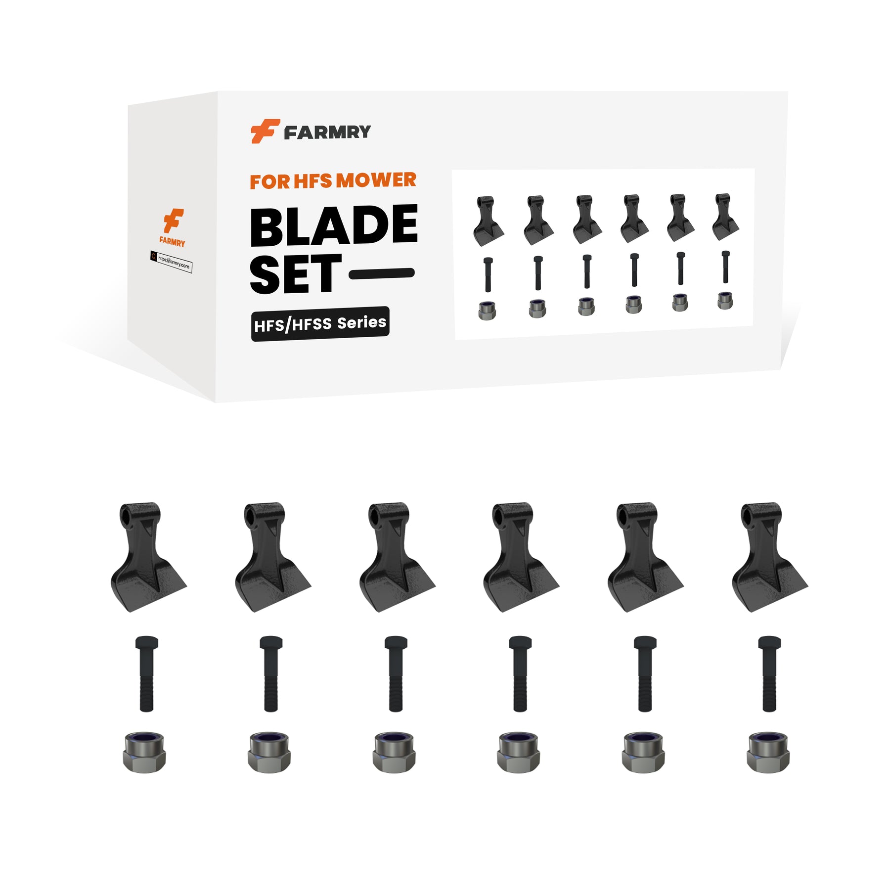 Box labeled Farmry (1 Pack/6 Pcs of hammers) Blade Set for HFS Mower, with six black blades, six screws, and six round spacers in front. Compatible with HFS/HFSS Series. Brand: Farmry.