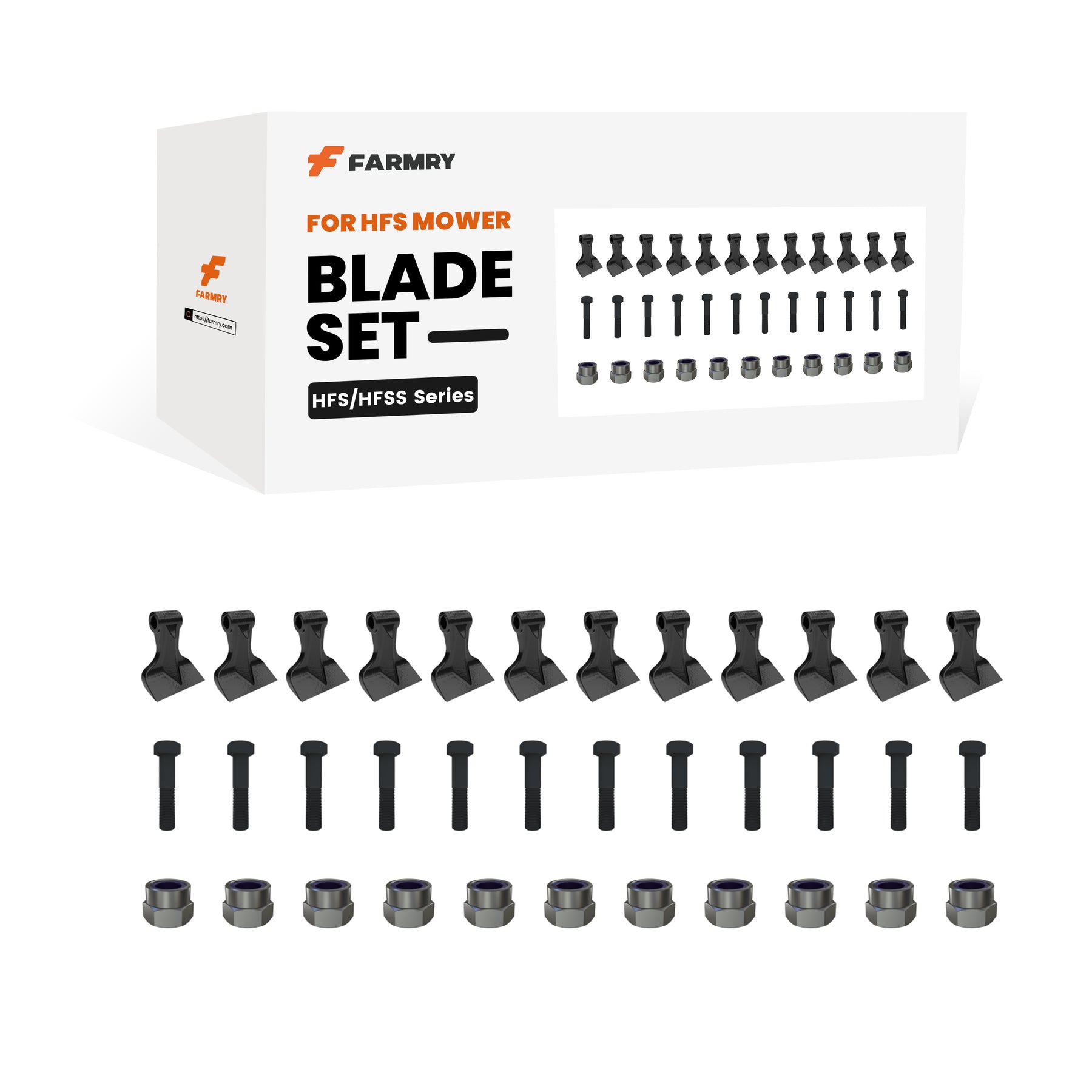 Farmry Blade Set for HFS Mower box shown with product name, logo, and blade image. In front are 12 black blades, 12 bolts, and 12 nuts. Box label: (1 Pack/12 Pcs of hammers)Blade Set for HFS Mower.
