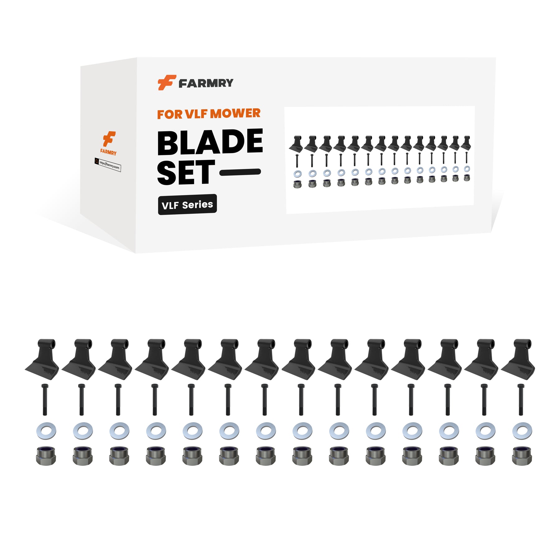 Illustration of a Farmry (1Pack/14Pcs) VLF Hammer Blades set for VLF Flail Mowers, showing the branded box and its contents: multiple black blades, screws, washers, and nuts neatly arranged below.