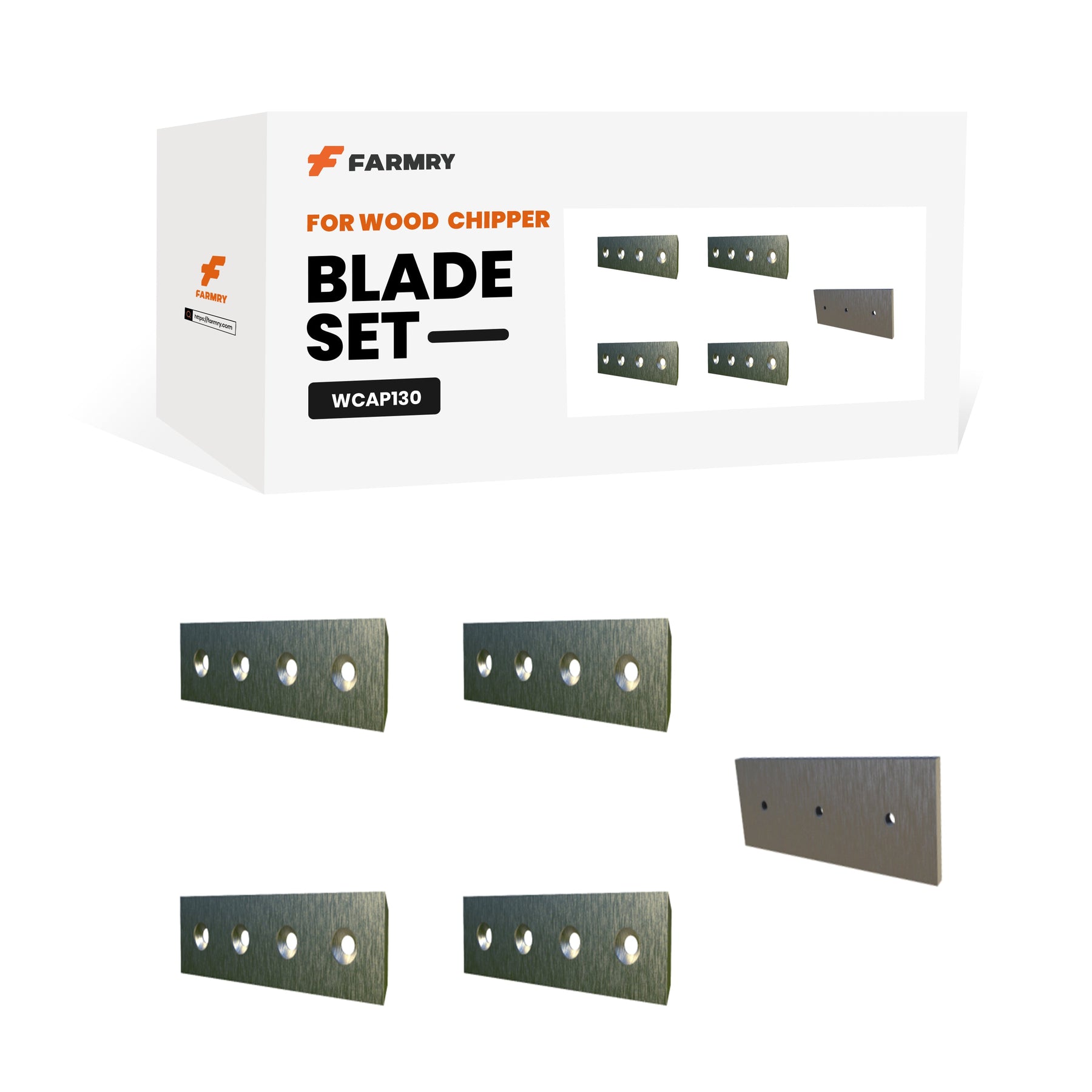 A box labeled Farmry WCAP130 wood chipper replacement blades (🎁 4 moving blades + 1 fixed blade, 100% off) with five rectangular metal blades—ideal as a BOGO Bundle or Free Gift at BOGOS.io.