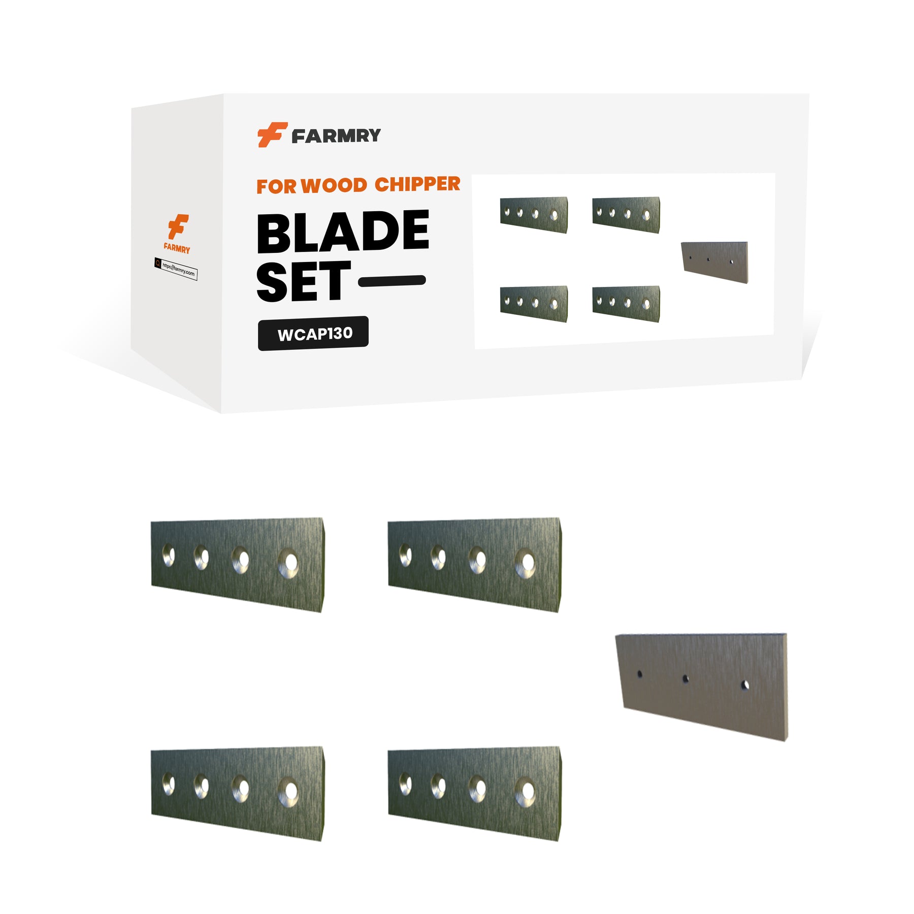 Farmry WCAP130 wood chipper replacement blades set includes 4 moving blades and 1 fixed blade, shown outside the box labeled "For Wood Chipper Blade Set WCAP130.