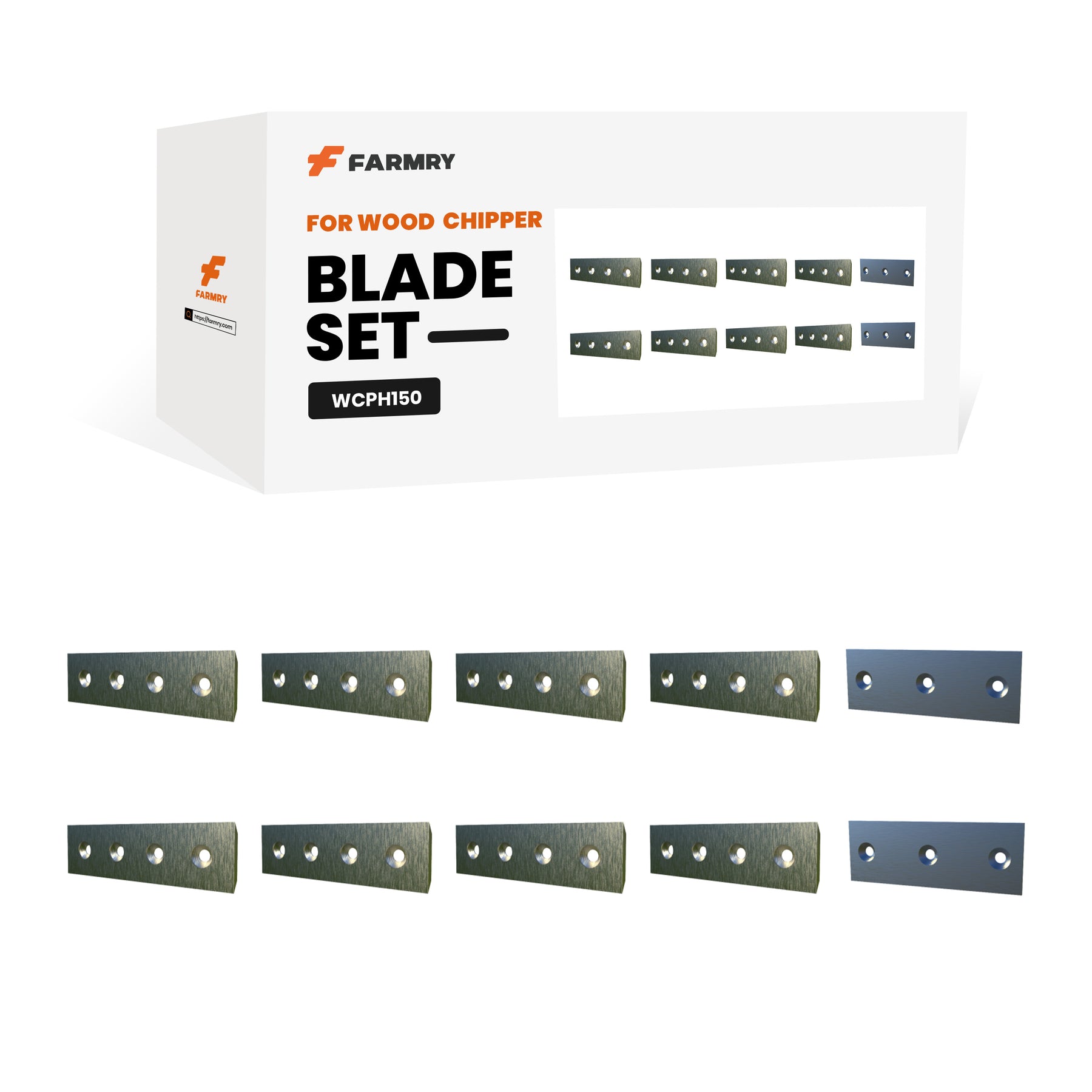 A Farmry WCPH150 Wood Chipper Blade Set box is shown with eight moving blades and two fixed blades of various sizes and hole patterns displayed in front.