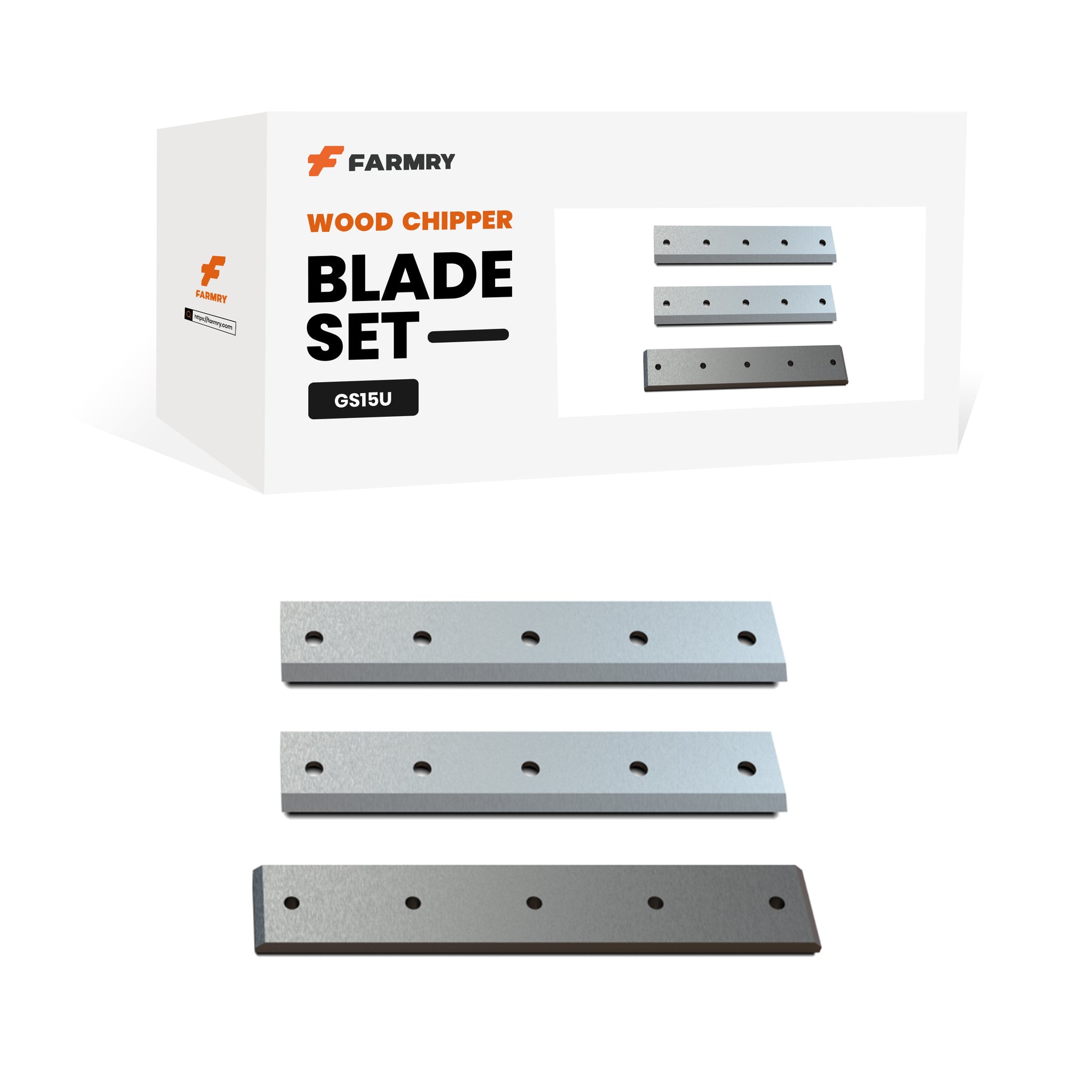 A white Farmry box labeled “🎁 (2 moving blades+1 fixed blades) Blade Set for GS15U (100% off)” with images and three metal chipper blades below—ideal for BOGOS or free gift promotions.