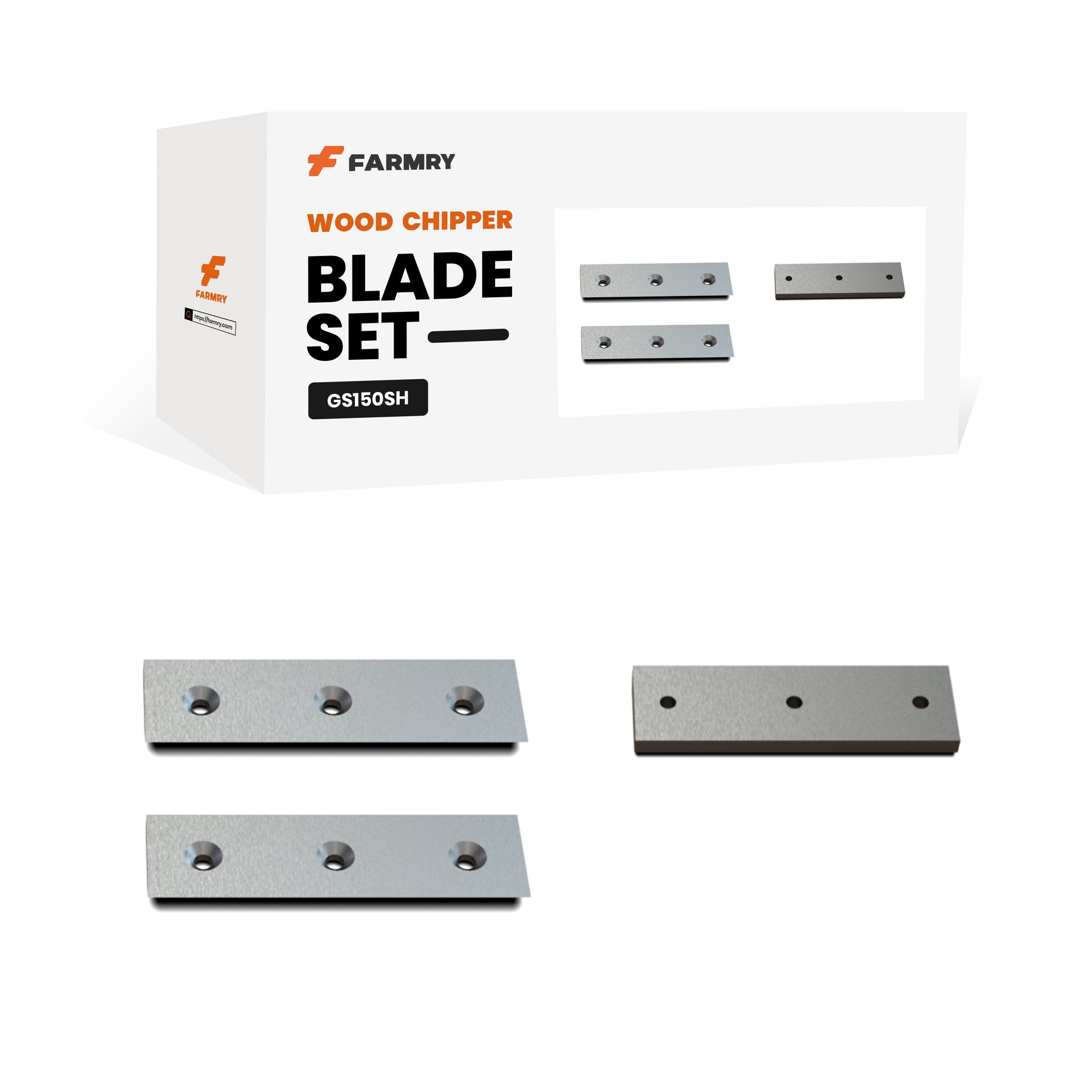 Box labeled Farmry 🎁 (2 moving blades+1 fixed blade) Set for GS150SH, showing each blade front and back with mounting holes. Get 100% off—check Secomapp for your next BOGOS free gift!.
