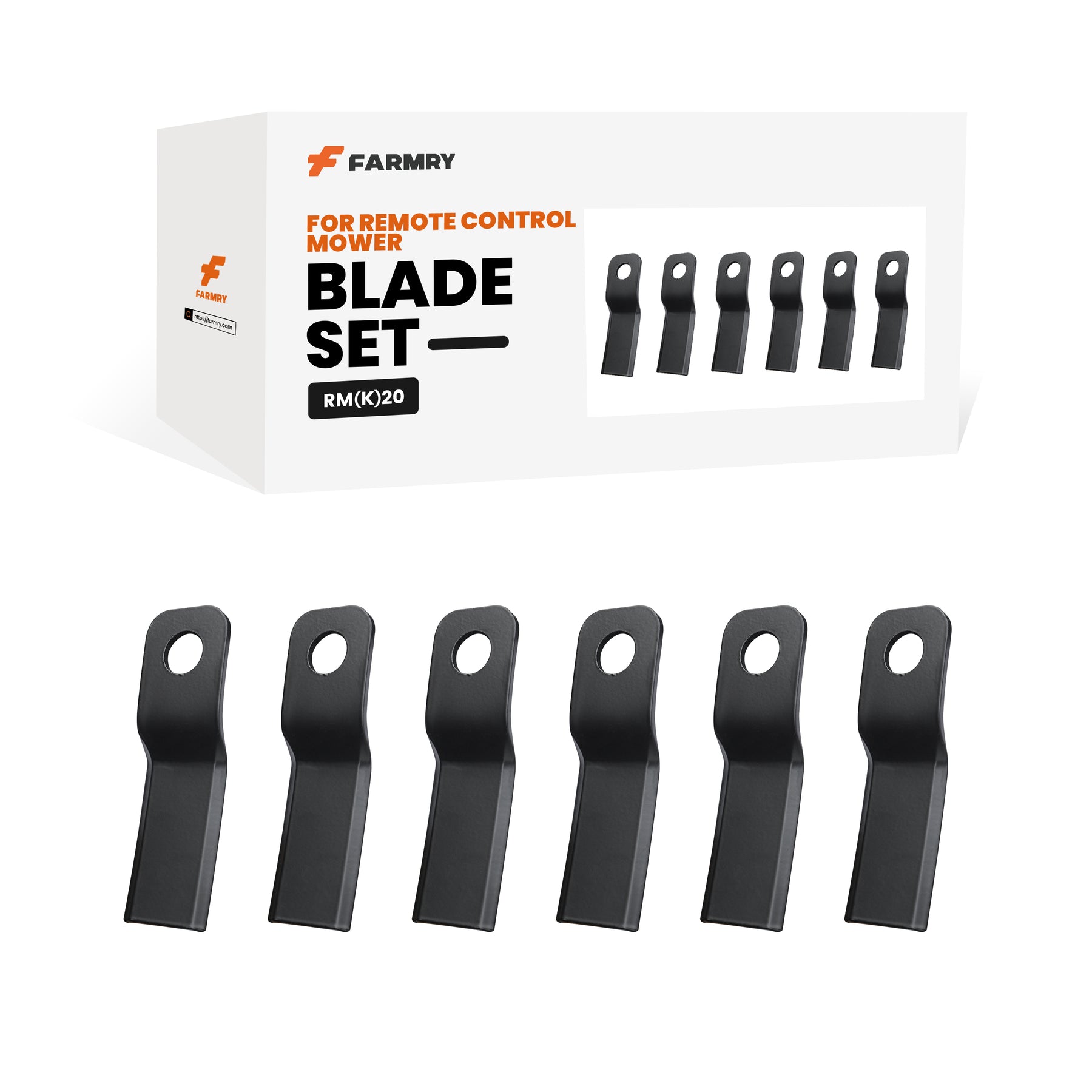 Six black RM20S Rotary Mower Blades (1Pack/6Pcs) from Farmry are shown in front of a white box labeled for Remote Control Mower Blade Set RM(K)20, featuring blade images on the packaging.