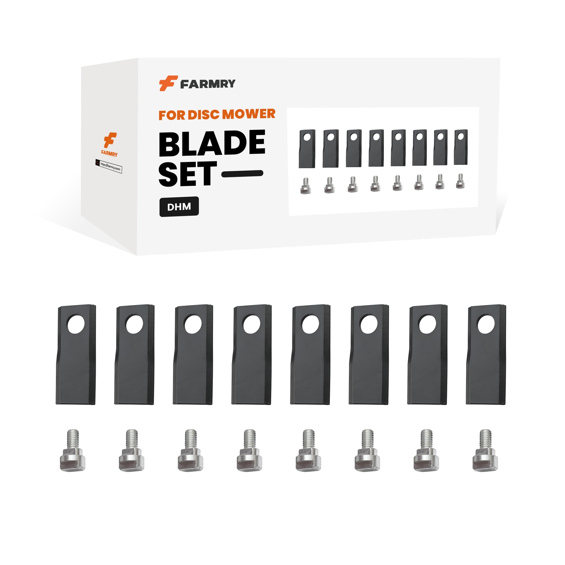 Eight black DHM Disc Mower Replacement Blades by Farmry, known for durability and sharpness, are arranged in front of a white Farmry box labeled "Disc Mower Blade Set," featuring images of the blades.