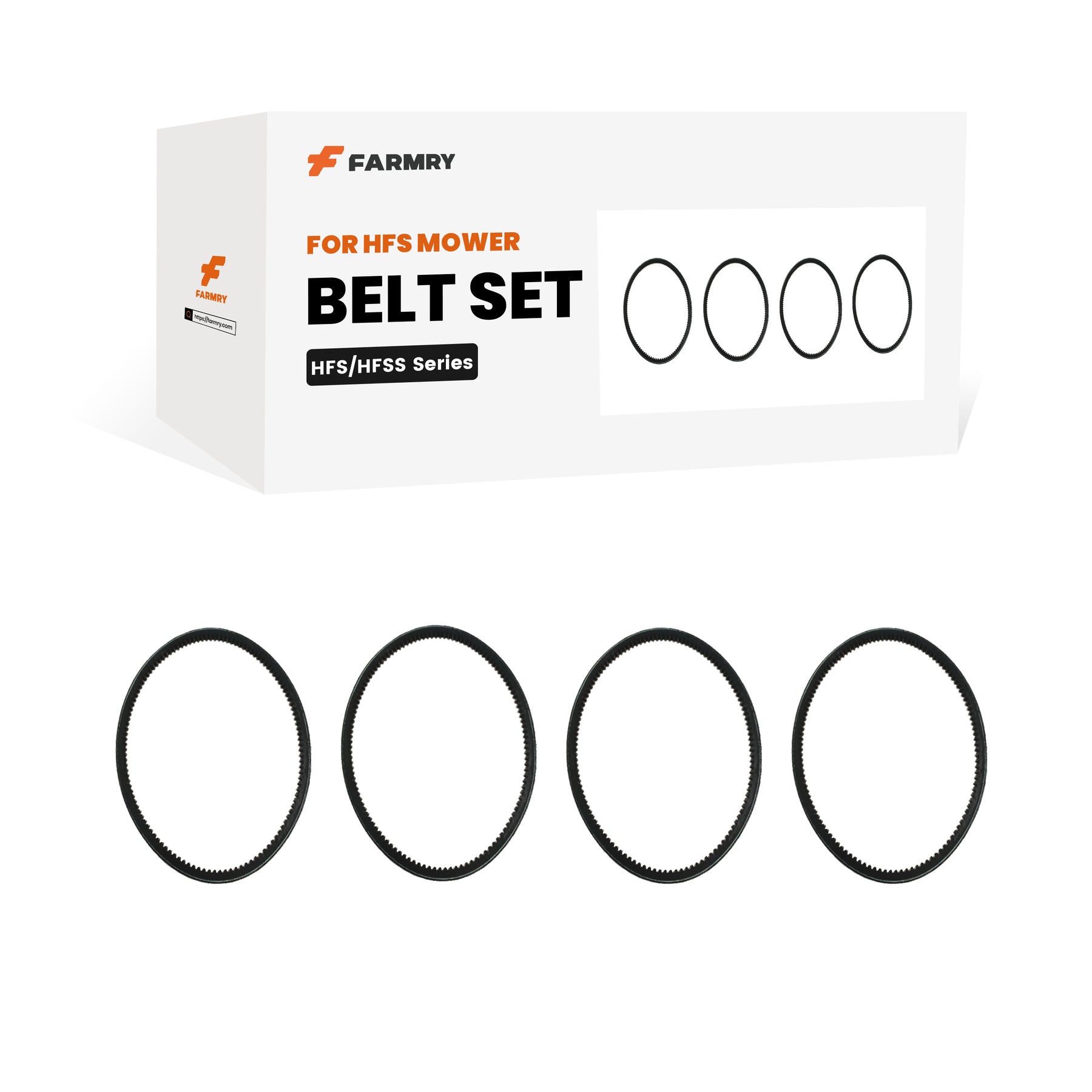 A white Farmry box labeled "(1 Pack/4 Pcs) Belt Set for HFS Flail Mower" with four black circular belts displayed in front and illustrated on the packaging.