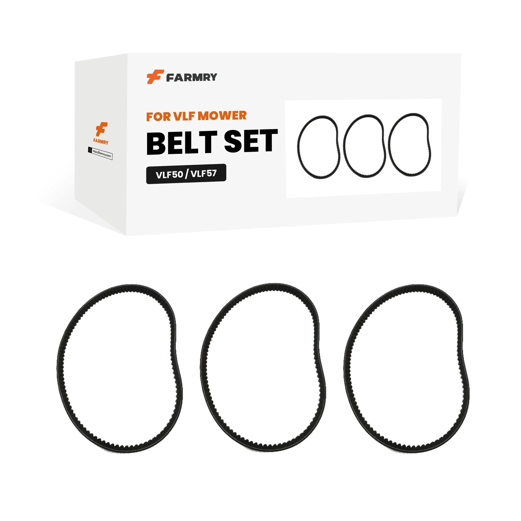 A Farmry box labeled (1Pack/3Pcs) VLF Replacement Belts for Flail Mowers – Smooth & Strong Drive is shown with three black drive belts in front, featuring images of the belts and company branding on the packaging.
