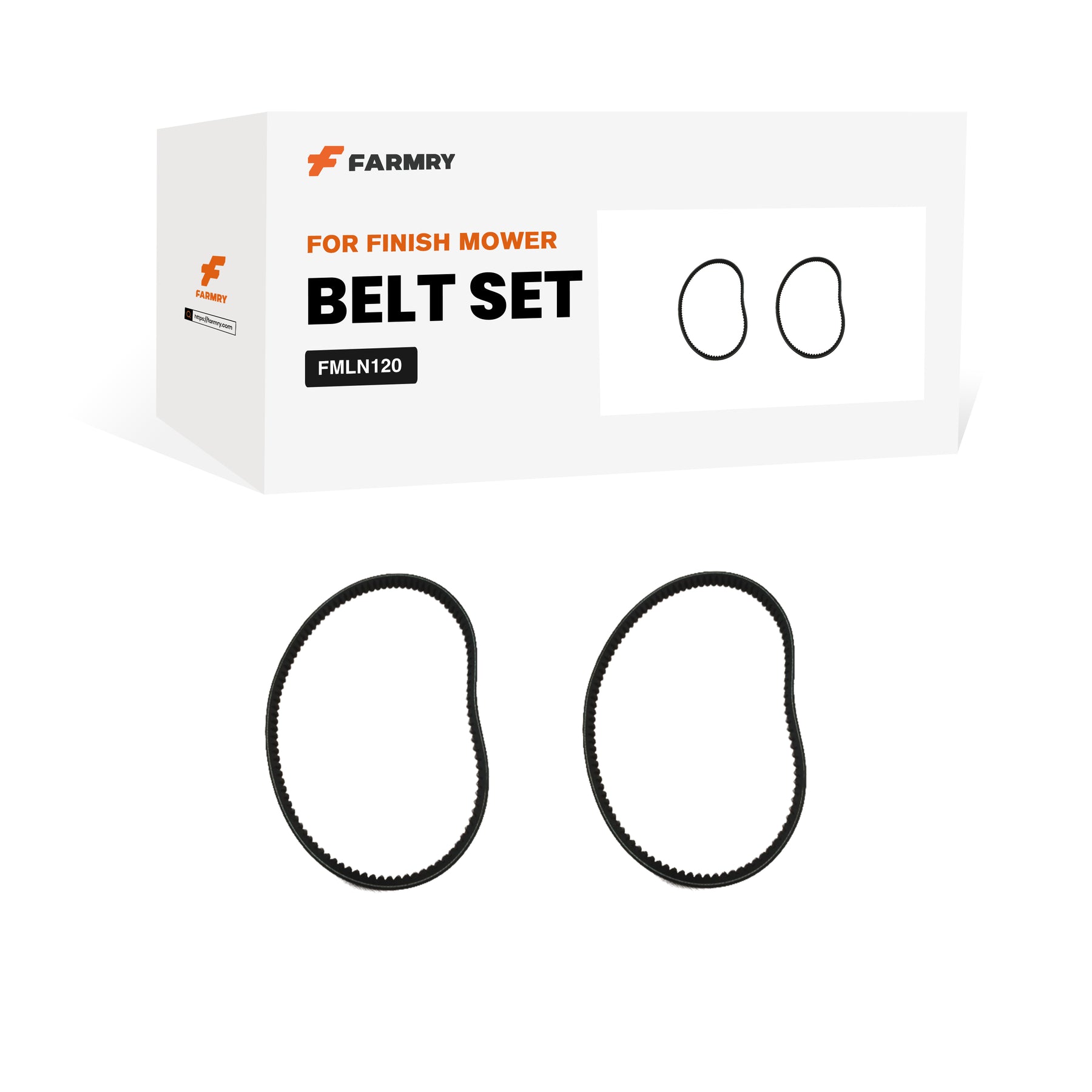 A white Farmry box labeled (1Pack/2Pcs) FMLN47 FM120LN Mower Drive Belts is shown beside two black belts placed side by side, matching the illustration on the box.