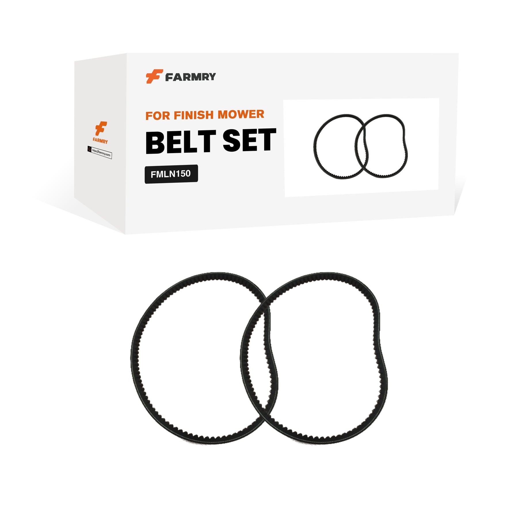 A box labeled "Farmry (1Pack/2Pcs) FMLN59 FM150LN Replacement Mower Belts – Built to Last" is shown, with two black belts displayed next to it and on the packaging.