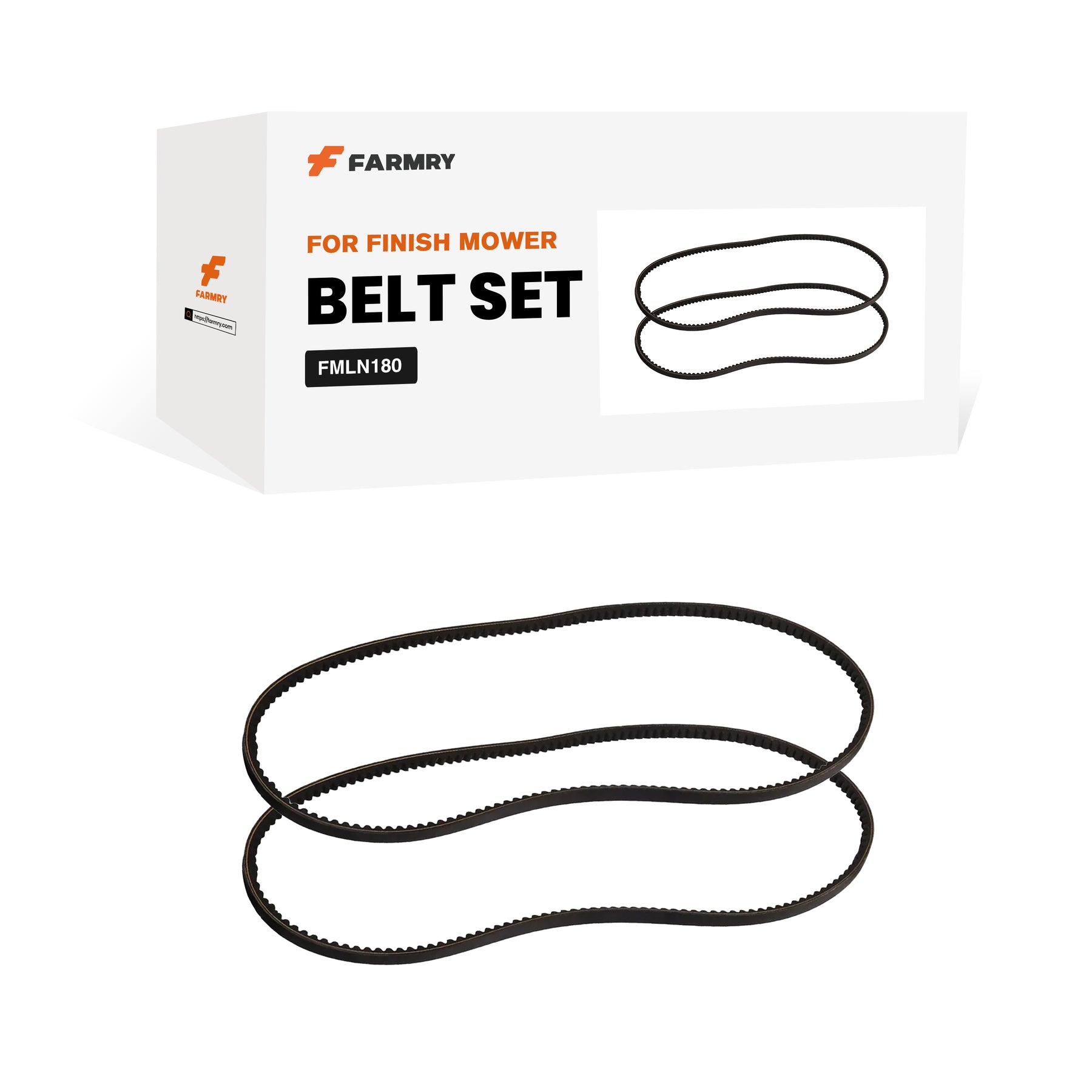 Farmry’s (1Pack/2Pcs) FMLN71 FM180N Finishing Mower Belts are shown, featuring a white “BELT SET” box with an image of two black belts and the actual belts displayed below. Reliable fit & performance for your mower.