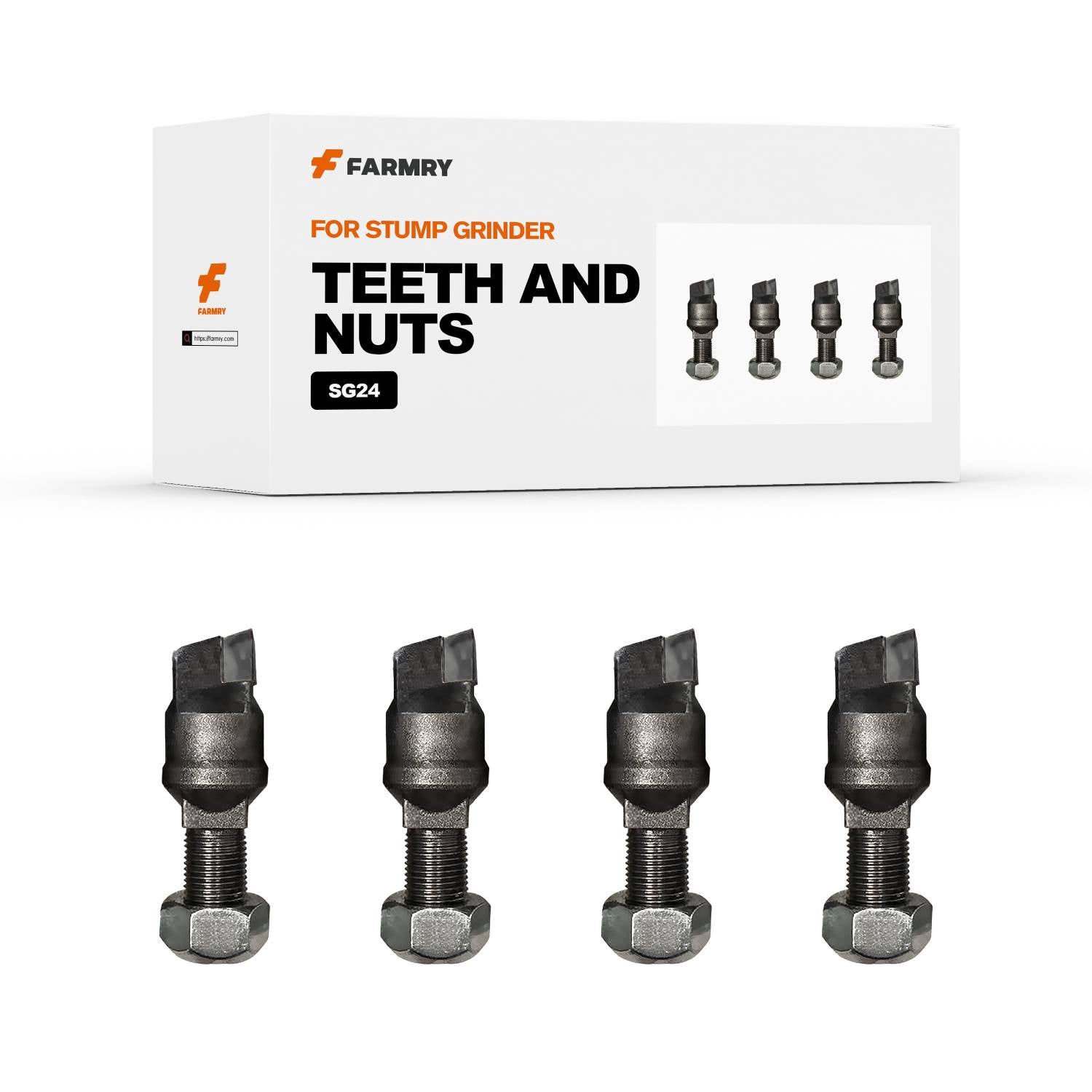 Four Farmry brand SG24 stump grinder teeth and nuts (1 pack/4 pcs) are shown in front of a white box. Get this set free (100% off) and check BOGOS.io for BOGO Bundle deals.
