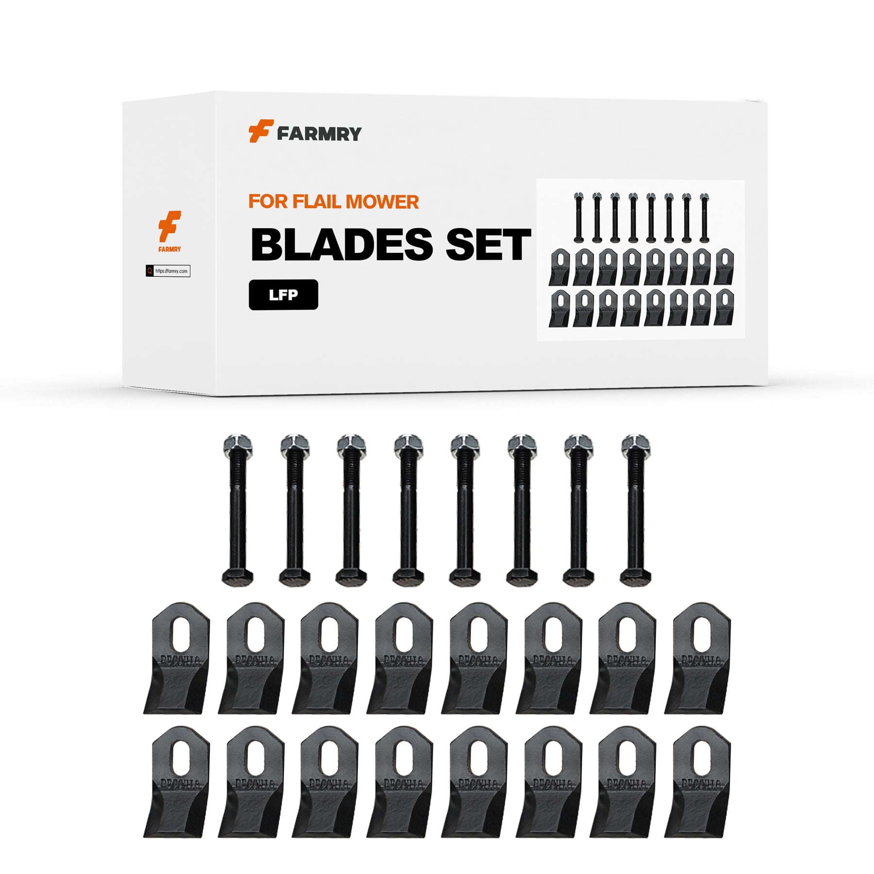 A box labeled Farmry (1 Pack/8 Pcs of Y blades) Blade Set for LFP Series Mower is shown, with eight metal blades and bolts arranged neatly in front of the box.