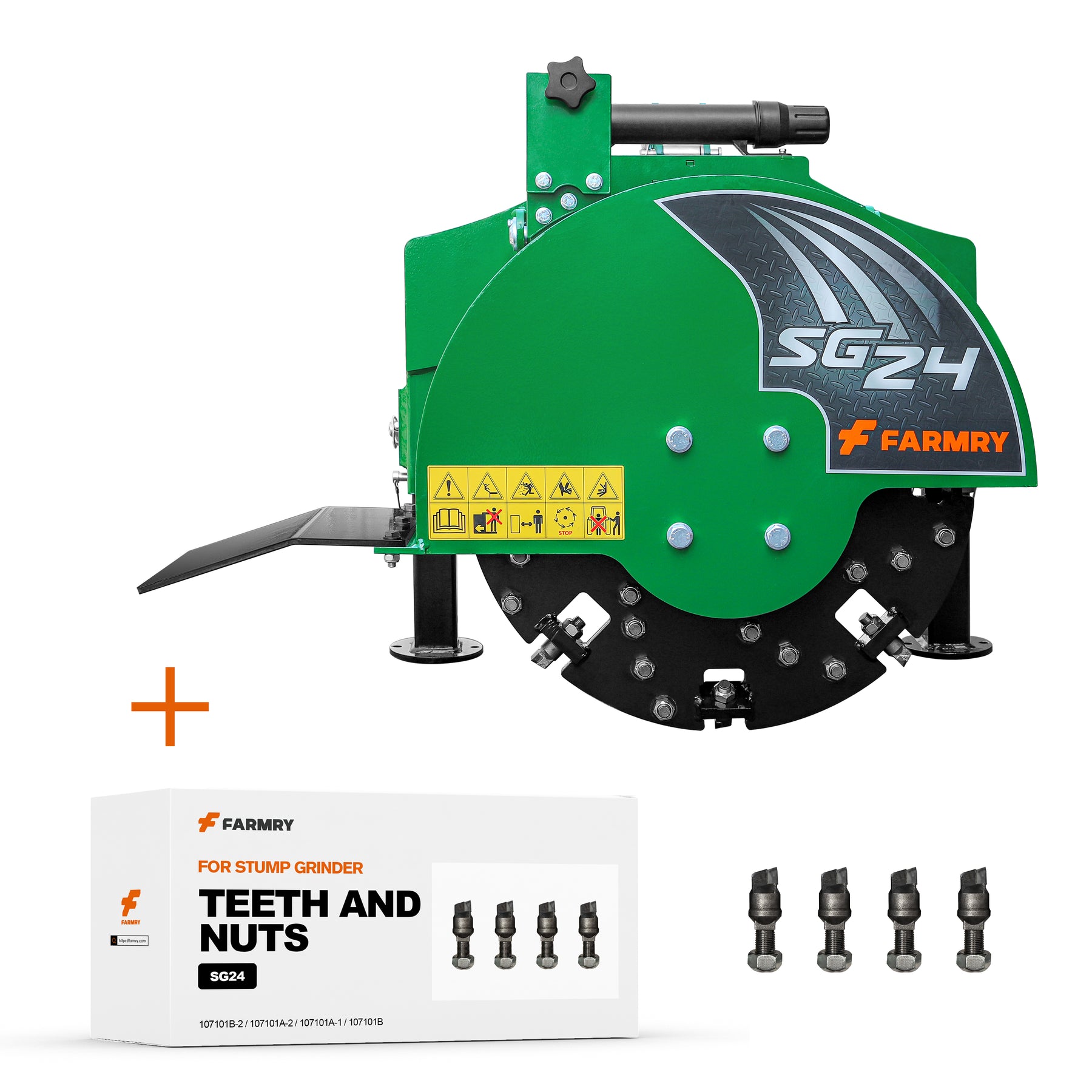 A green Farmry 3-Point PTO Stump Grinder, SG24 model for 15-45HP tractors with 34 durable carbide teeth and safety labels, is shown above a box labeled Teeth and Nuts, indicating compatible replacement parts.