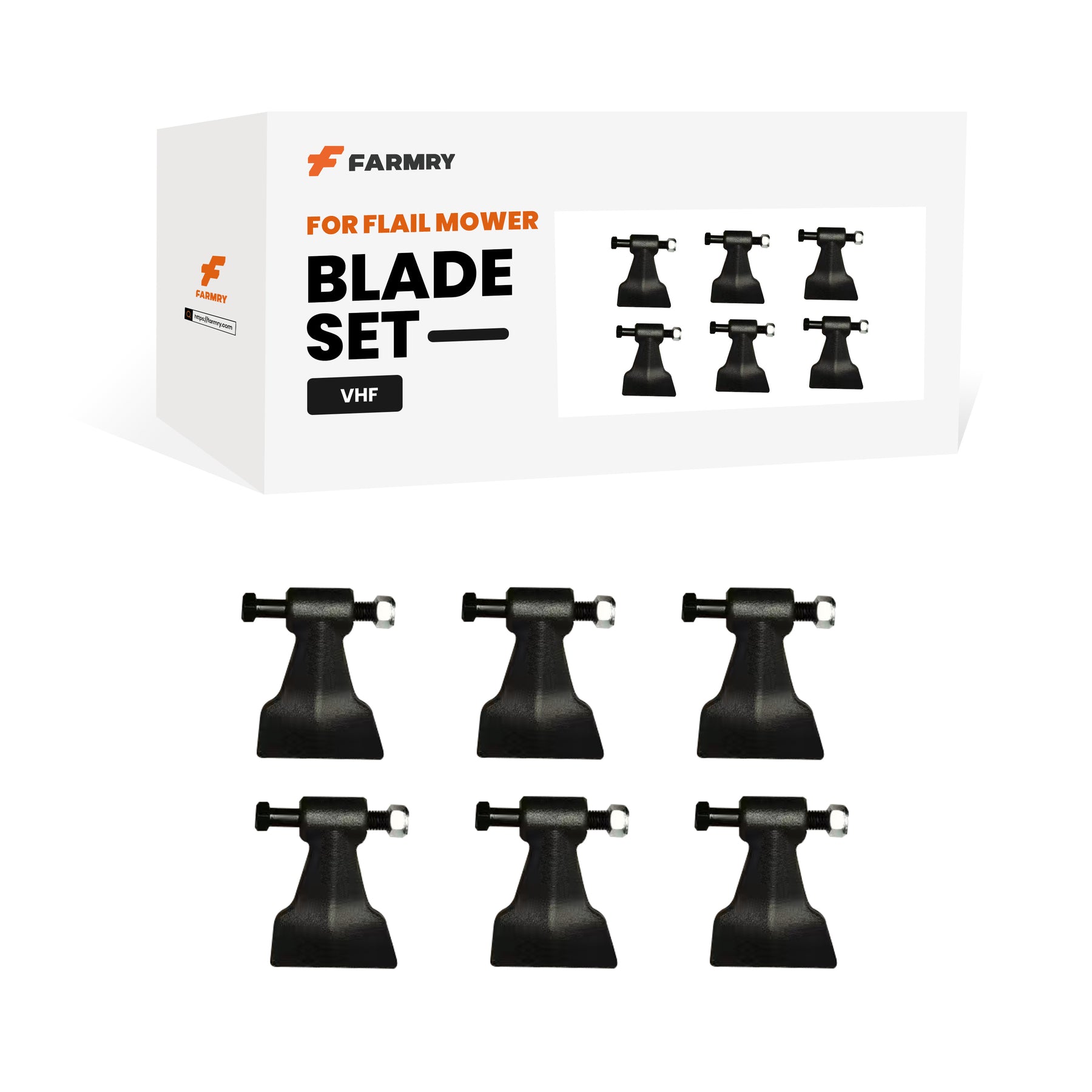 Box labeled Farmry Blade Set for VHF Mower with six black mower blades displayed in front. Box features product images, Farmry logo, and text indicating compatibility with VHF models.