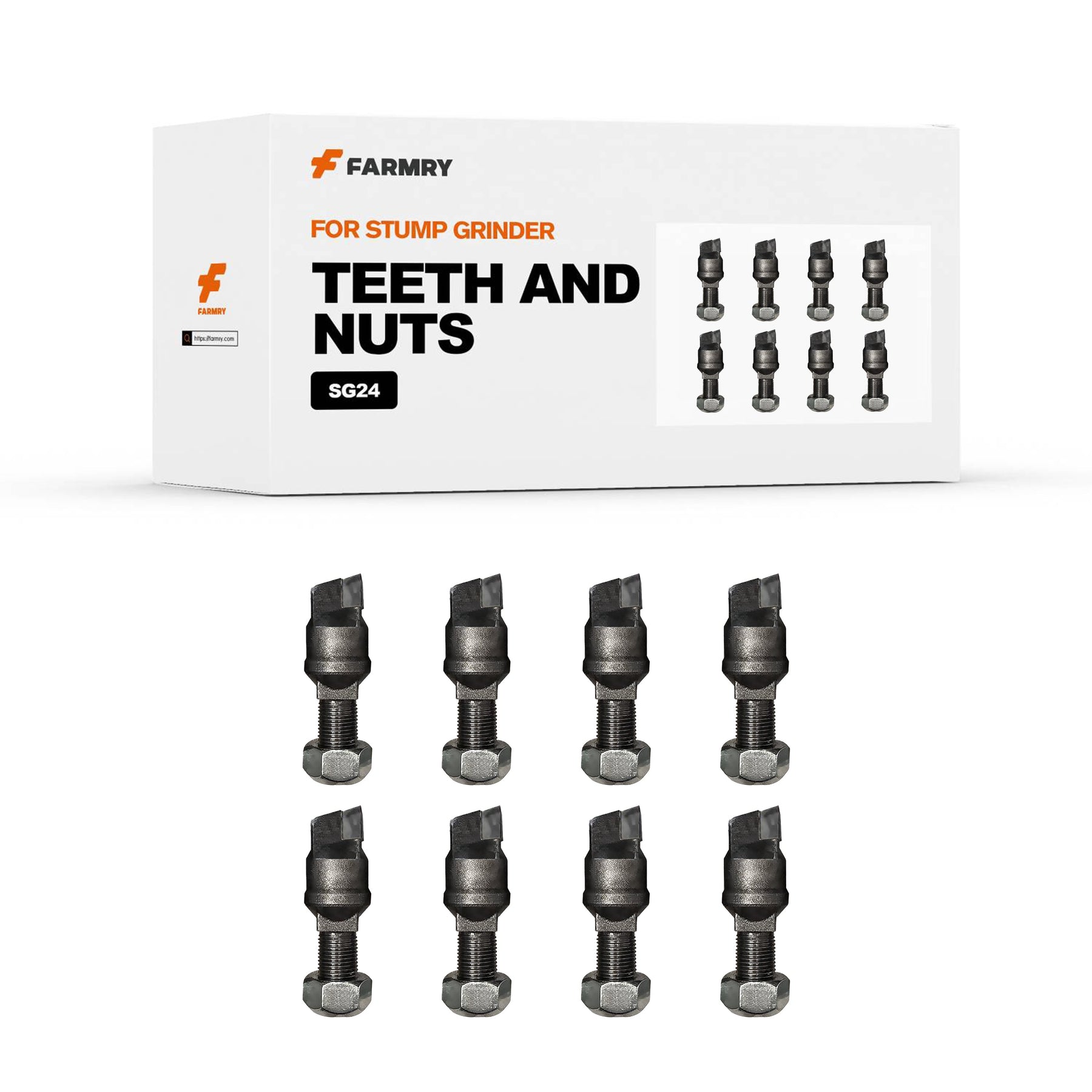 A white Farmry box labeled "Teeth and Nut for SG24" (1 pack/8 pcs, 100% off) is shown behind eight metal stump grinder teeth and nuts—ideal as a BOGO bundle or free gift from BOGOS.io.