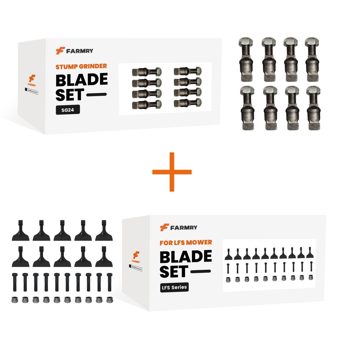 Image displays farmry (1 Pack/8 Pcs) Teeth and Nuts for SG24+ and (1 Pack/10 Pcs) LFS Hammer Blades for Flail Mowers, with their blade and nut contents shown above and below each box, connected by a plus sign.