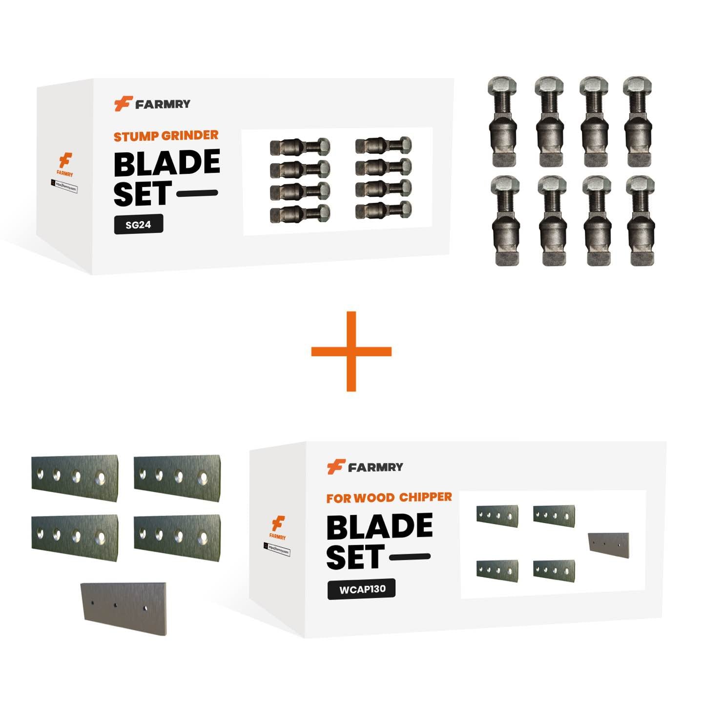 Two Farmry blade sets: one (1 pack/8 teeth & nuts) for SG24 stump grinder, and one (4 moving + 1 fixed) for WCAP130 wood chipper. Each box shows blades/hardware, with an orange plus sign in between.