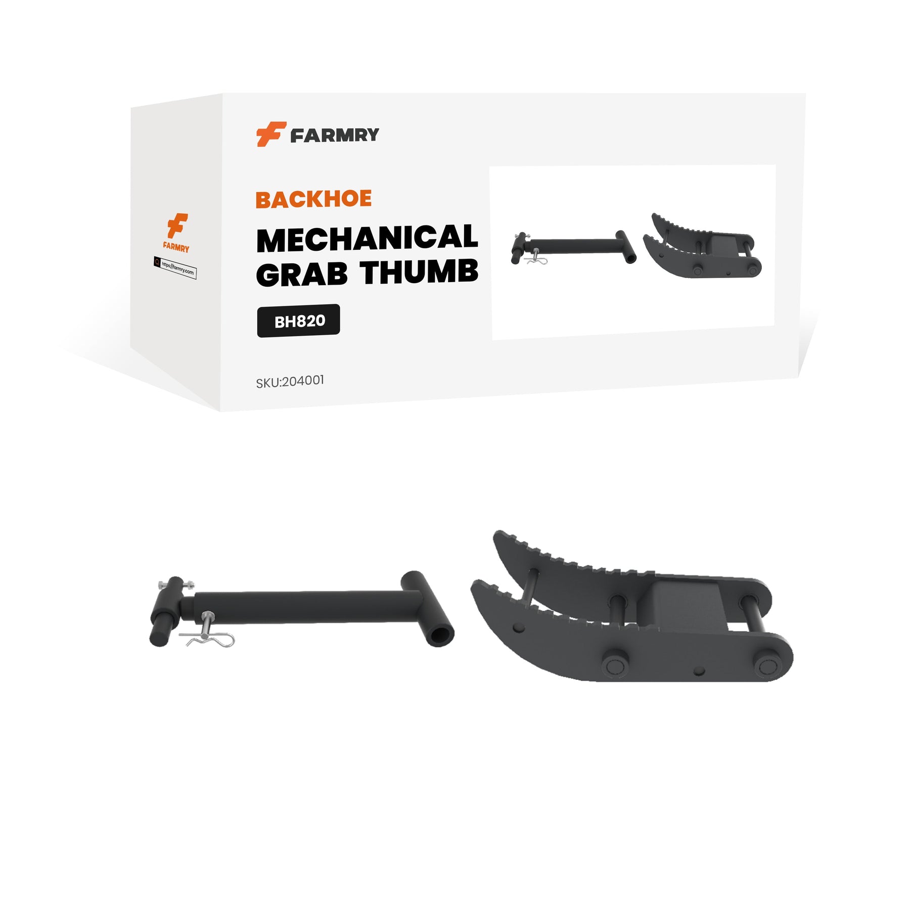 A Farmry 🎁 Mechanical Grab Thumb for Backhoe BH820 (100% off) box with an image of the attachment and its parts—ideal as a free gift or Buy X Get Y offer with your next equipment purchase.
