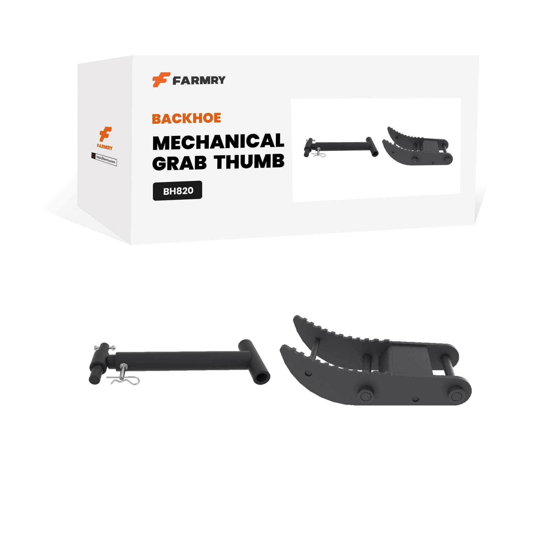 A box labeled "🎁 Mechanical Grab Thumb for Backhoe BH820 (100% off)" by Farmry features the grab thumb and its parts—ideal for BOGOS or Buy X Get Y free gift promos.